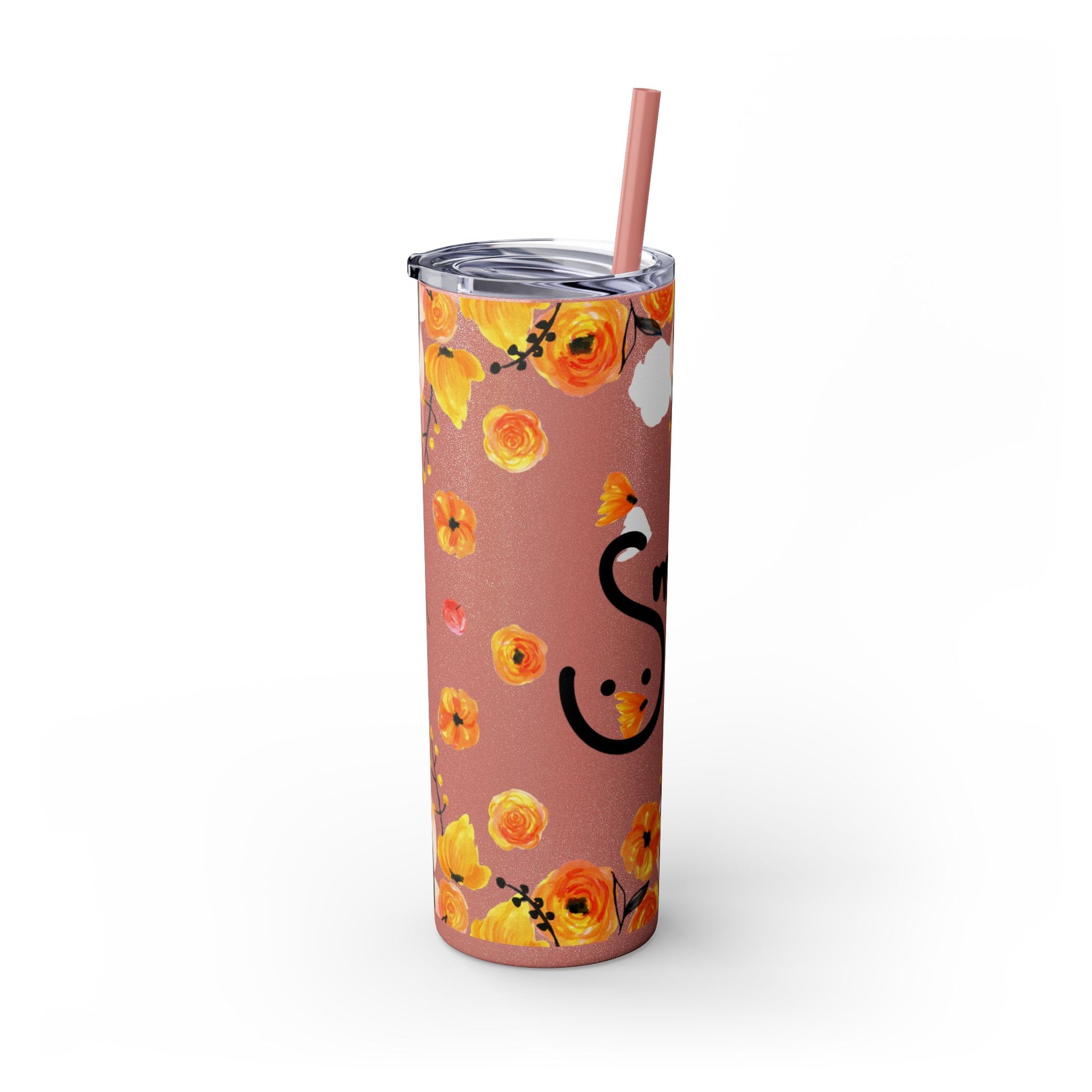Smile Floral 20oz Skinny Tumbler – Watercolor Flower Stainless Steel Tumbler with Straw, Insulated Travel Cup, Cute Positive Gift