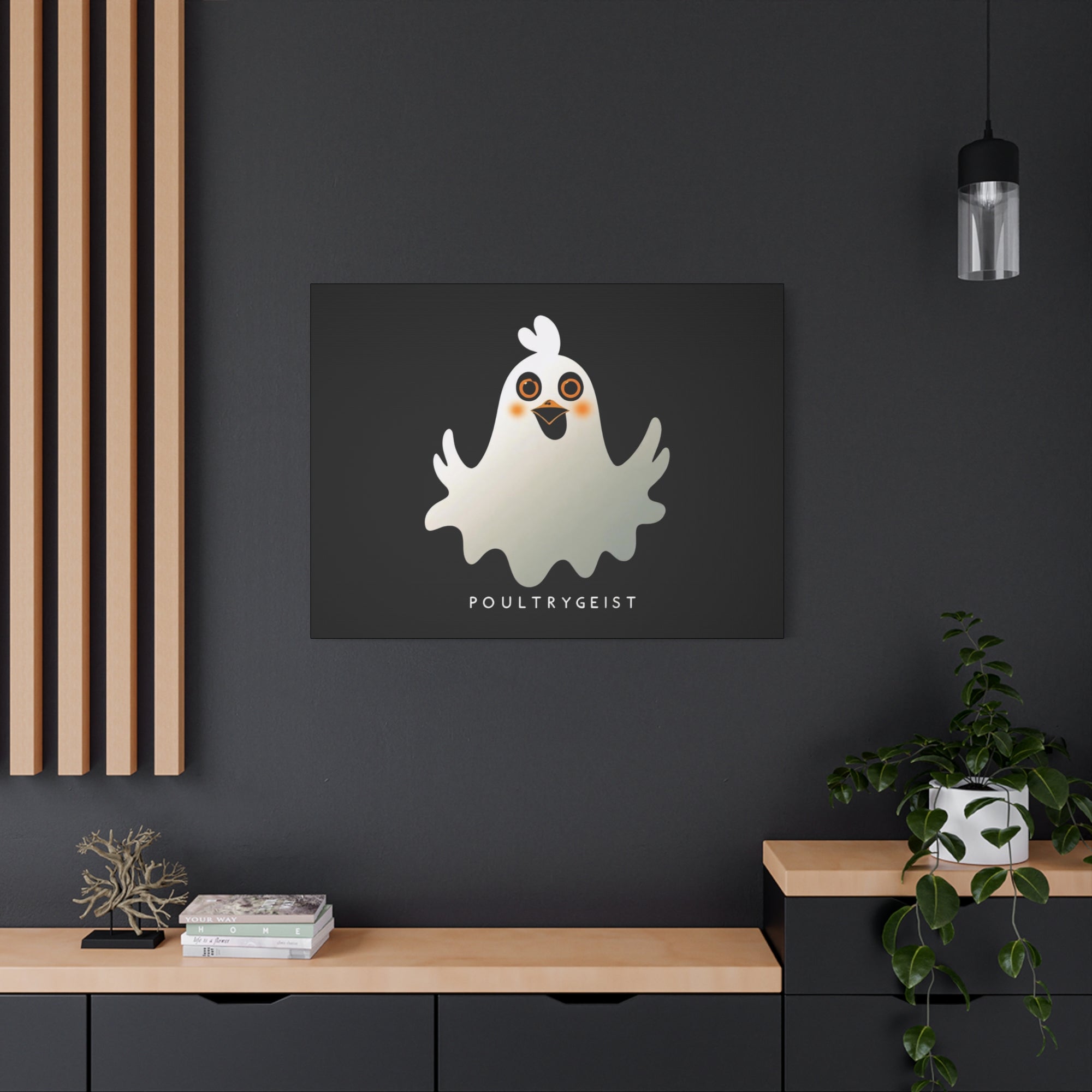 Poultrygeist Chicken Halloween Wall Art – Funny Farmhouse Spooky Decor – Gift for Chicken Lovers Whimsical Canvas Wall Art, Poultrygeist Decor, Cute Ghost Art, Halloween Home Decor, Fun Wall Hanging