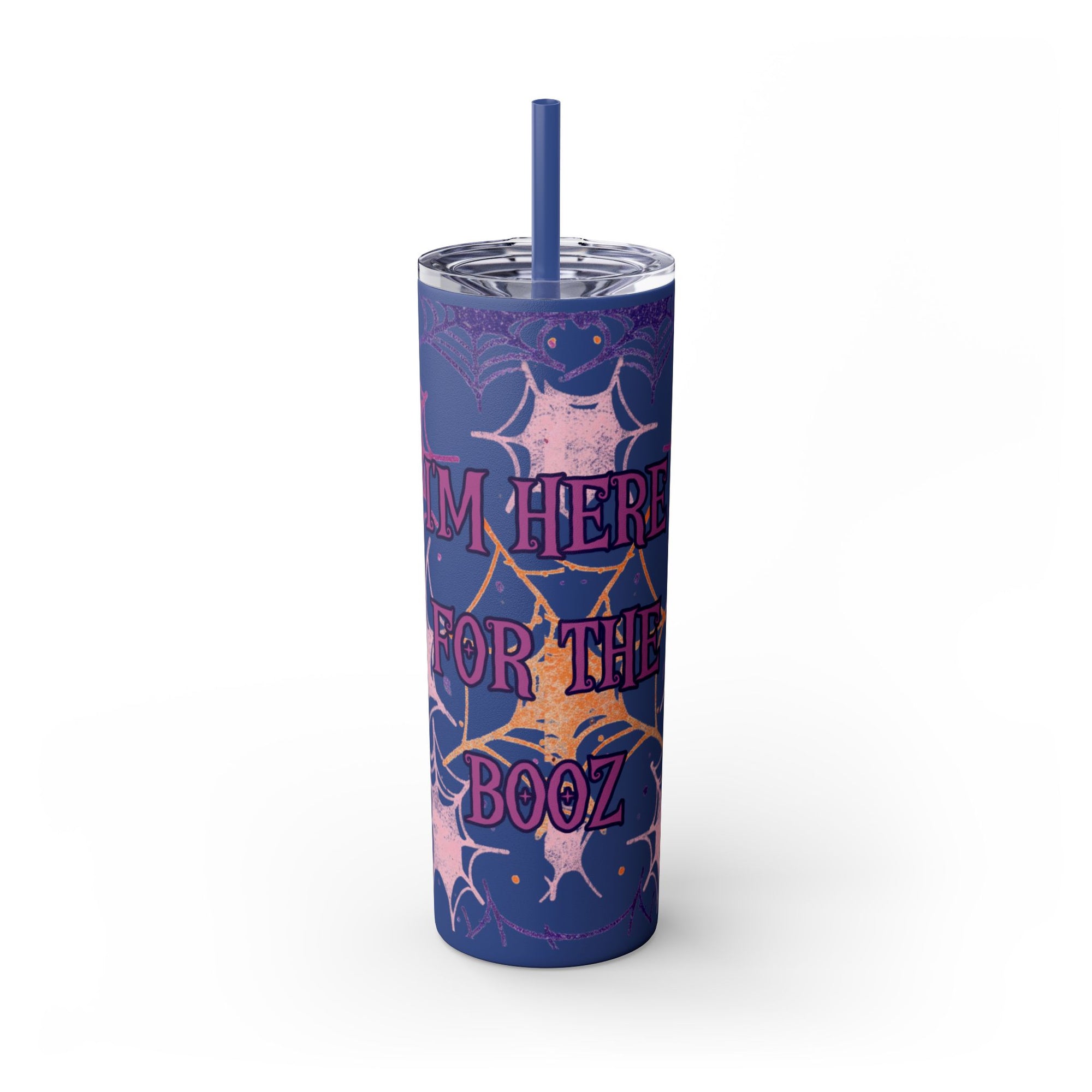 Halloween-Themed Skinny Tumbler, 20oz, I'm Here for the Booze, Travel Mug, Spider Web Design, Party Accessory, Fun Gift Idea