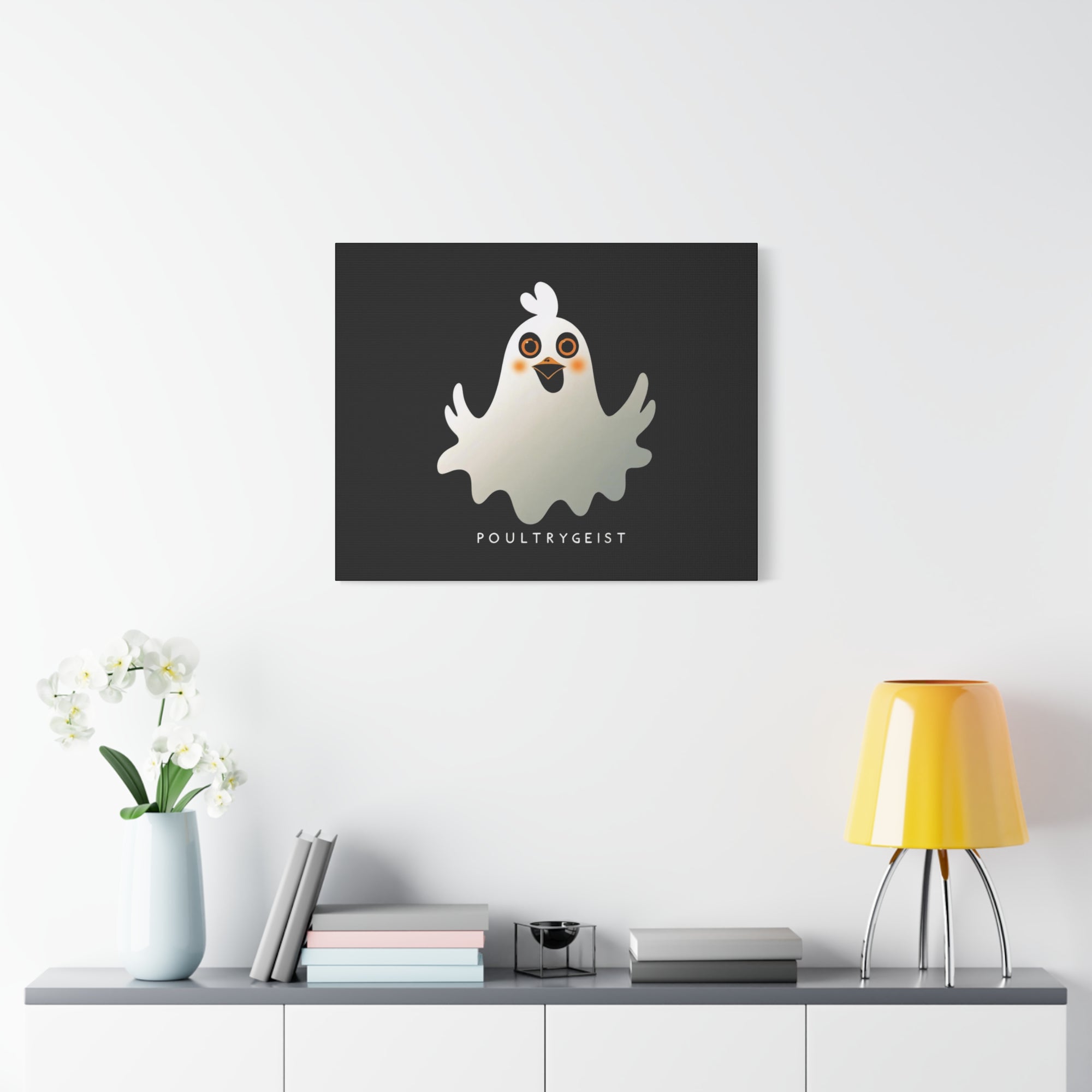 Poultrygeist Chicken Halloween Wall Art – Funny Farmhouse Spooky Decor – Gift for Chicken Lovers Whimsical Canvas Wall Art, Poultrygeist Decor, Cute Ghost Art, Halloween Home Decor, Fun Wall Hanging