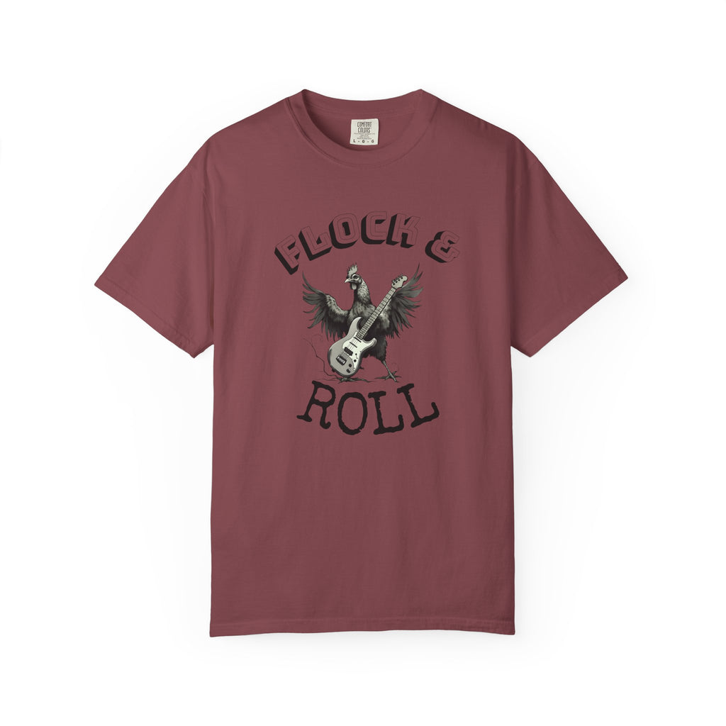 Flock & Roll Chicken T-Shirt – Funny Rock and Roll Graphic Tee – Chicken Lover Shirt – Farmhouse Country Gift – Backyard Poultry Humor