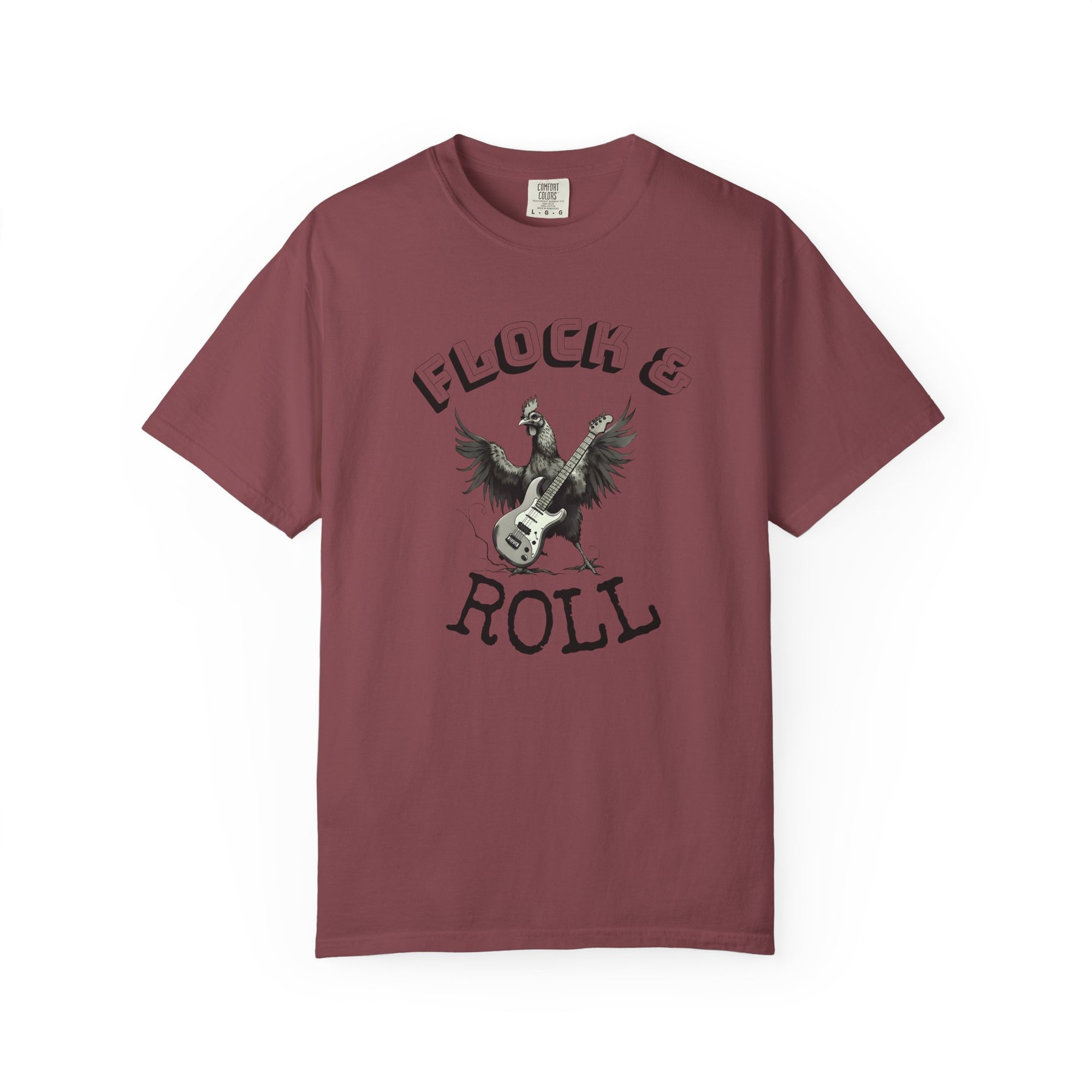 Flock & Roll Chicken T-Shirt – Funny Rock and Roll Graphic Tee – Chicken Lover Shirt – Farmhouse Country Gift – Backyard Poultry Humor