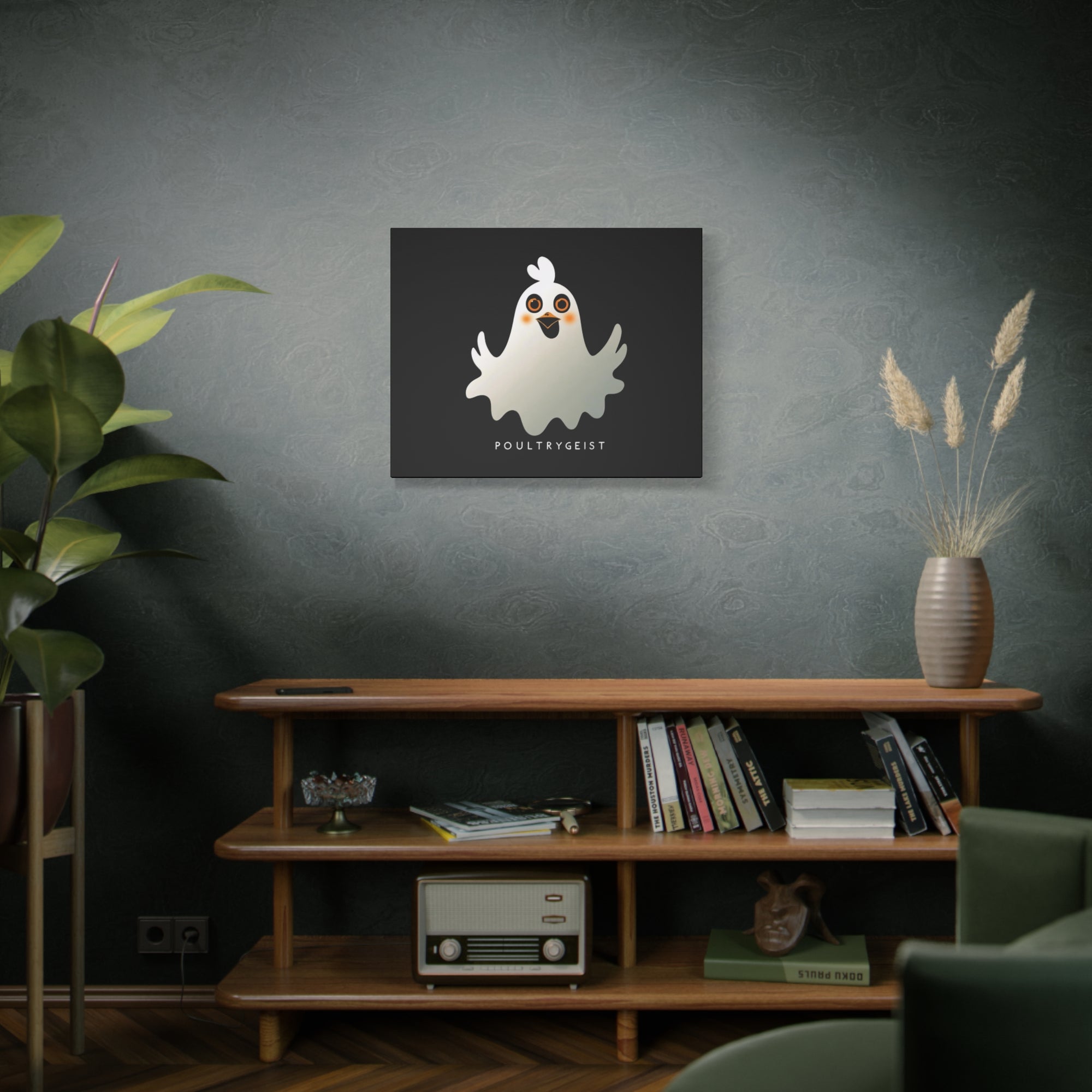 Poultrygeist Chicken Halloween Wall Art – Funny Farmhouse Spooky Decor – Gift for Chicken Lovers Whimsical Canvas Wall Art, Poultrygeist Decor, Cute Ghost Art, Halloween Home Decor, Fun Wall Hanging