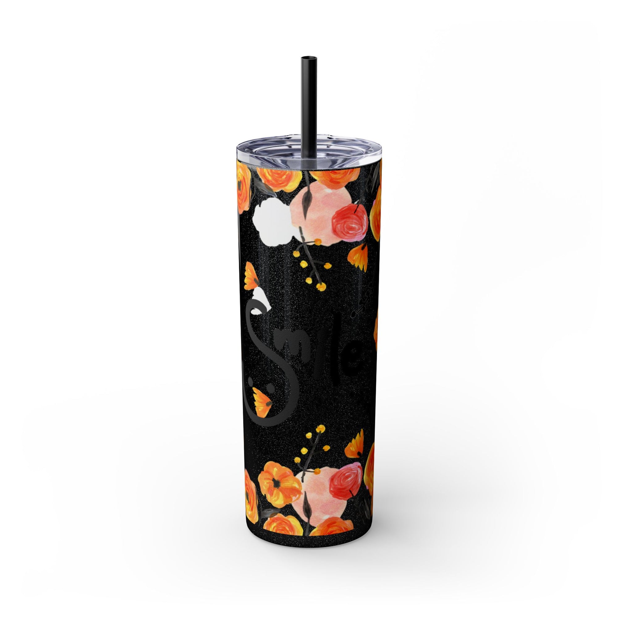 Smile Floral 20oz Skinny Tumbler – Watercolor Flower Stainless Steel Tumbler with Straw, Insulated Travel Cup, Cute Positive Gift