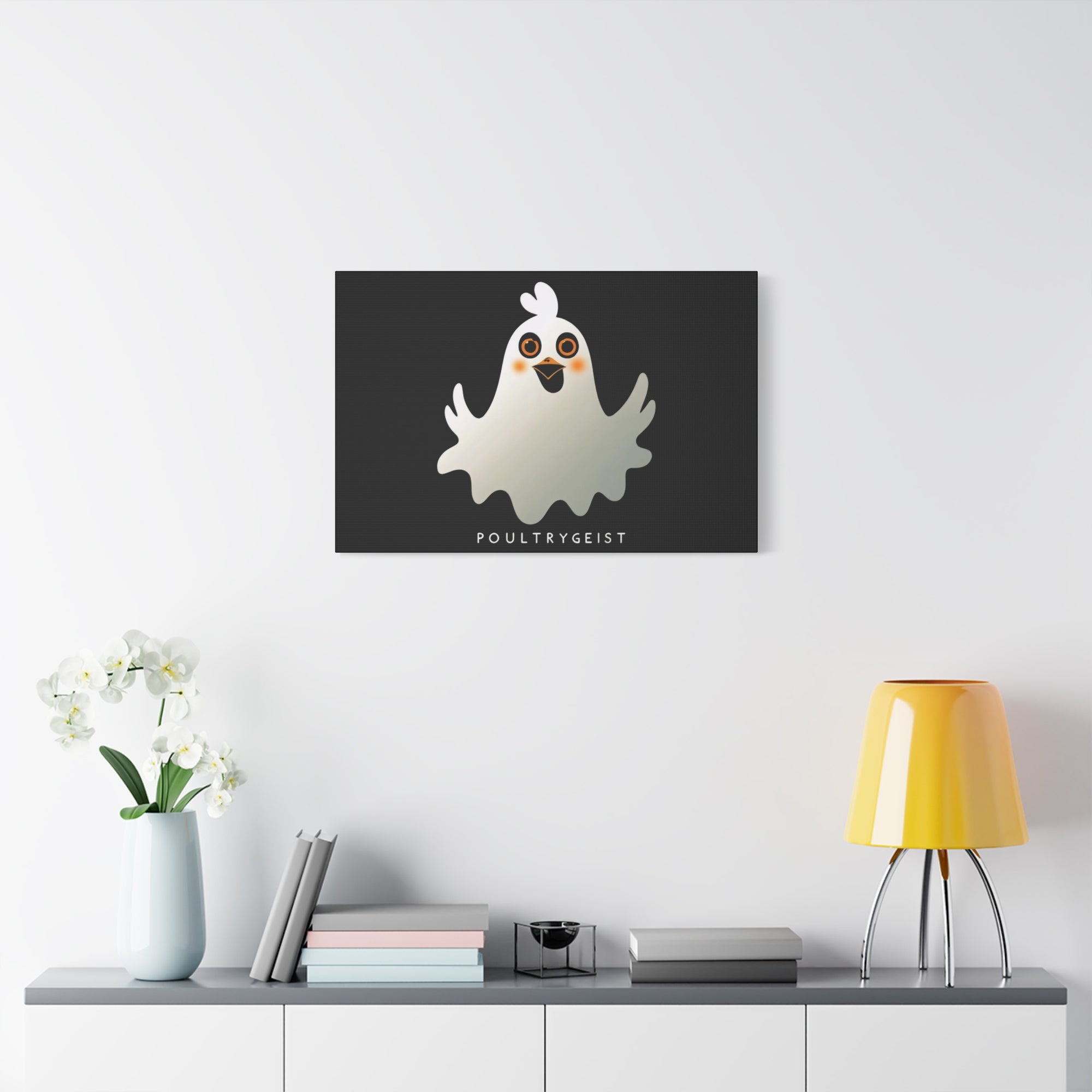 Poultrygeist Chicken Halloween Wall Art – Funny Farmhouse Spooky Decor – Gift for Chicken Lovers Whimsical Canvas Wall Art, Poultrygeist Decor, Cute Ghost Art, Halloween Home Decor, Fun Wall Hanging