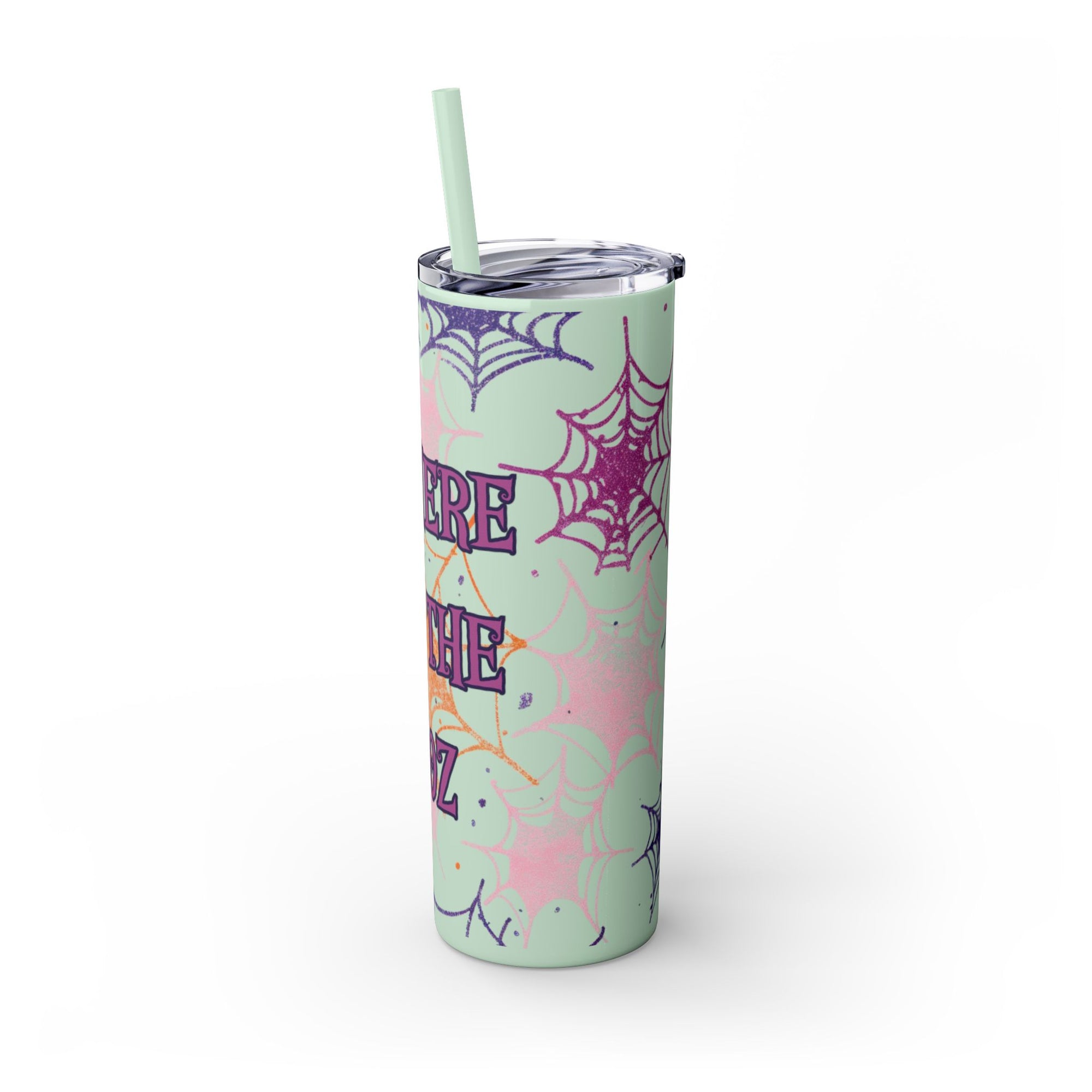 Halloween-Themed Skinny Tumbler, 20oz, I'm Here for the Booze, Travel Mug, Spider Web Design, Party Accessory, Fun Gift Idea