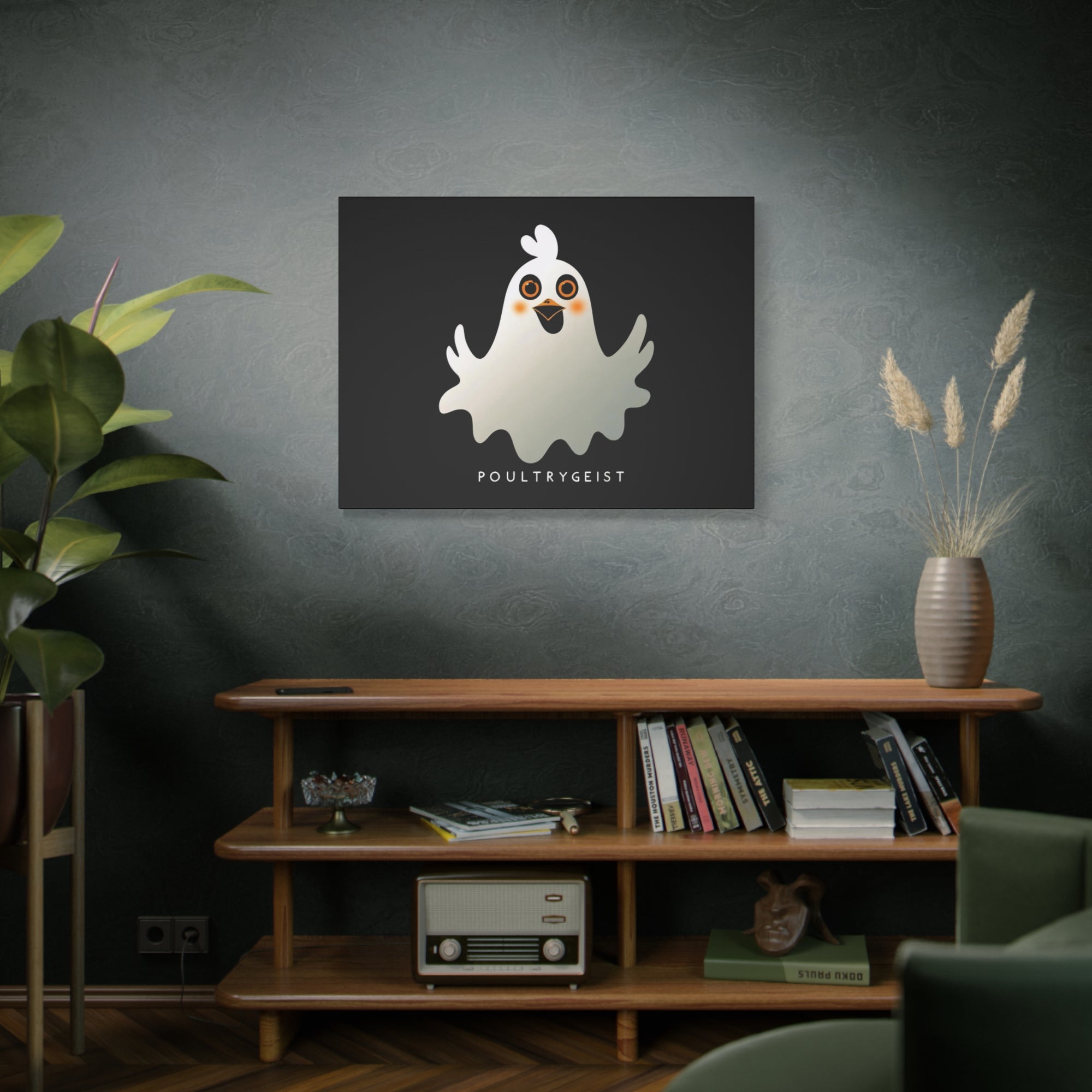Poultrygeist Chicken Halloween Wall Art – Funny Farmhouse Spooky Decor – Gift for Chicken Lovers Whimsical Canvas Wall Art, Poultrygeist Decor, Cute Ghost Art, Halloween Home Decor, Fun Wall Hanging
