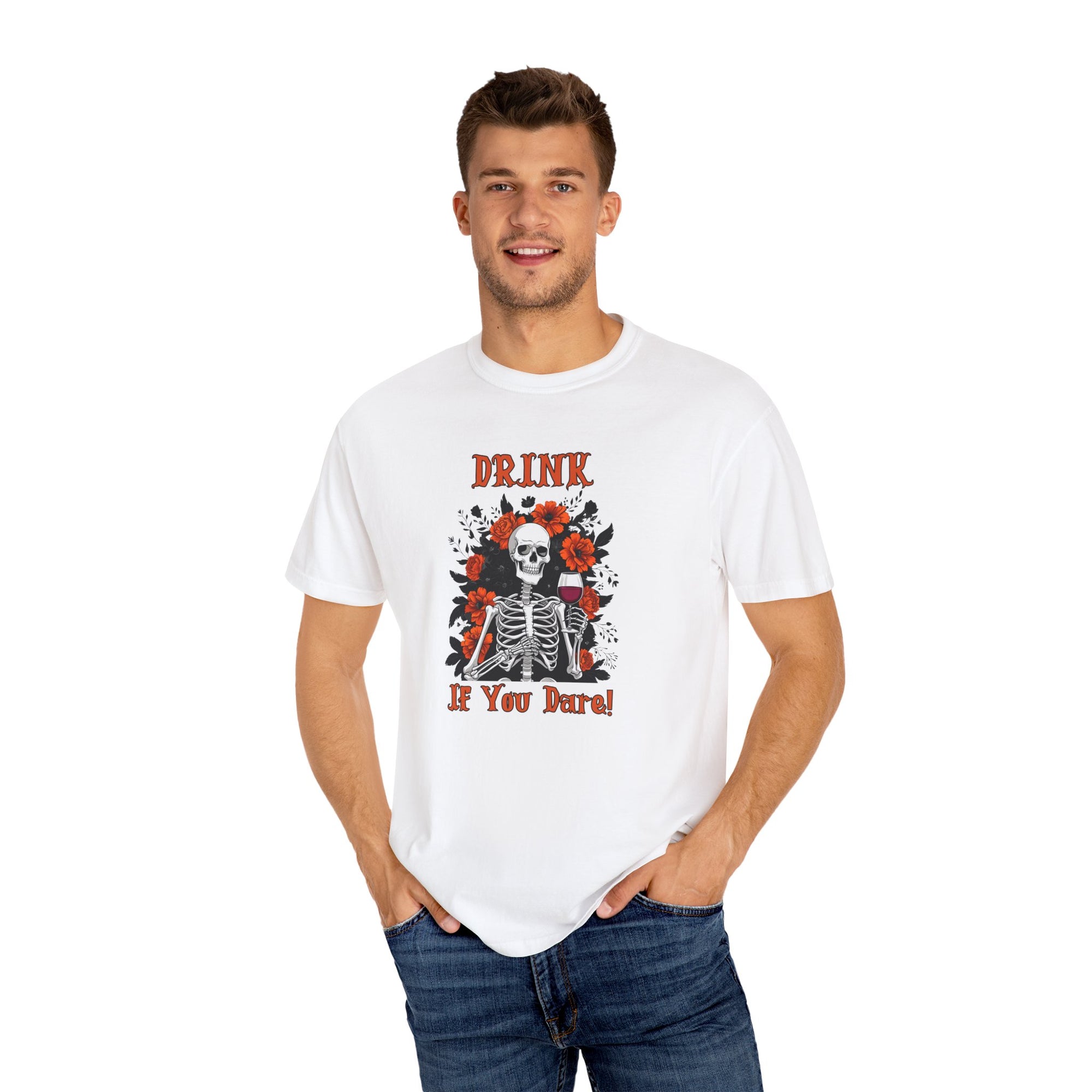 Drink If You Dare Shirt – Skeleton Wine Halloween T-Shirt, Funny Spooky Season Drinking Tee, Gothic Floral Skeleton Graphic Shirt