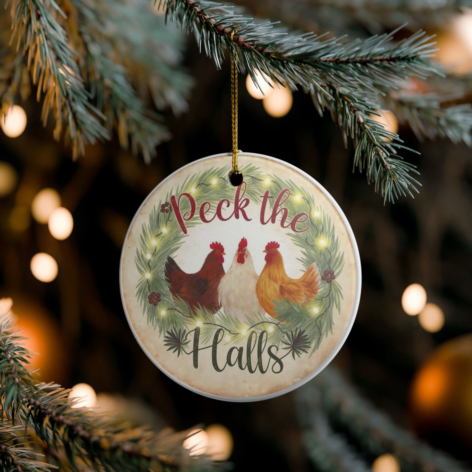 Chicken Wreath Peck The Halls Farmhouse Chickens Holiday Ornament, Vintage Style Xmas Decoration, Festive Home Décor, Unique Gift for Chicken Lovers