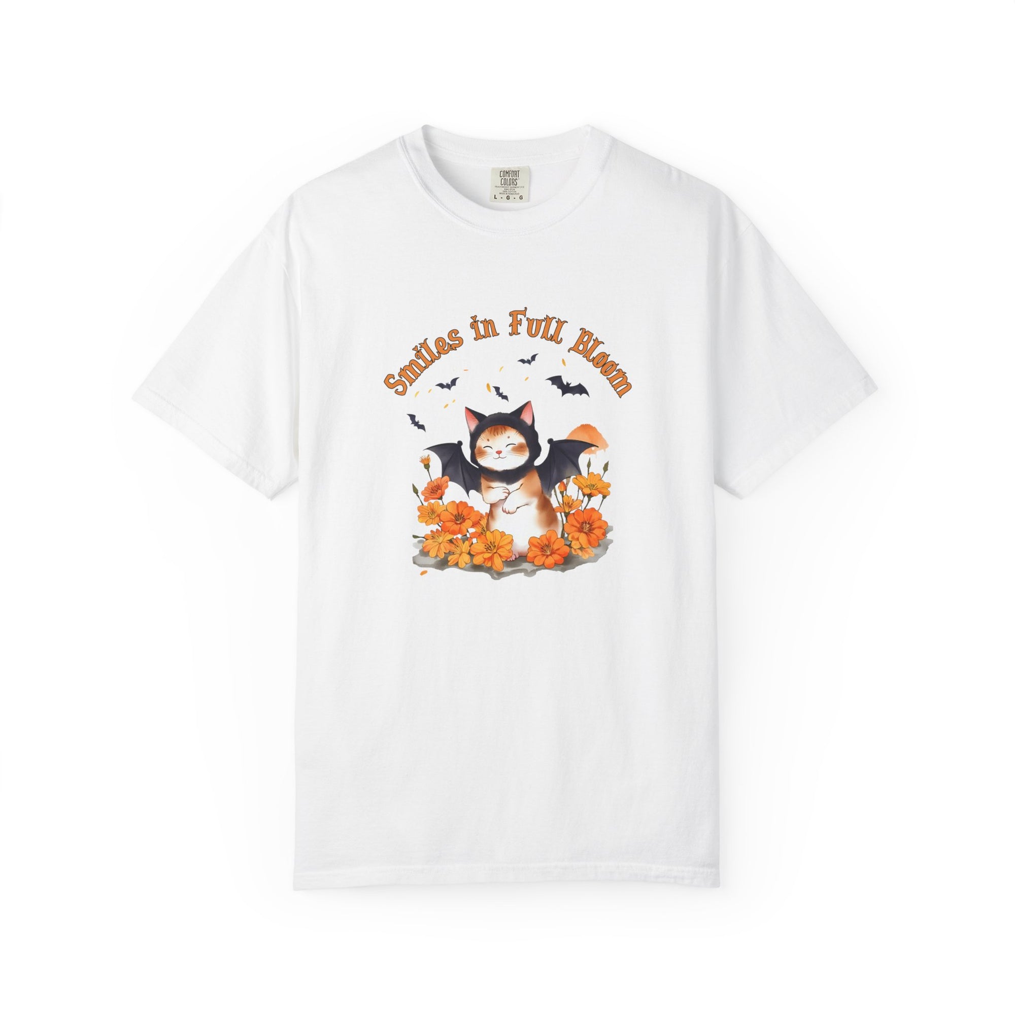 Smiles in Full Bloom Shirt – Cute Halloween Bat T-Shirt, Kawaii Spooky Season Tee, Autumn Flowers Graphic Shirt, Fall Aesthetic Outfit