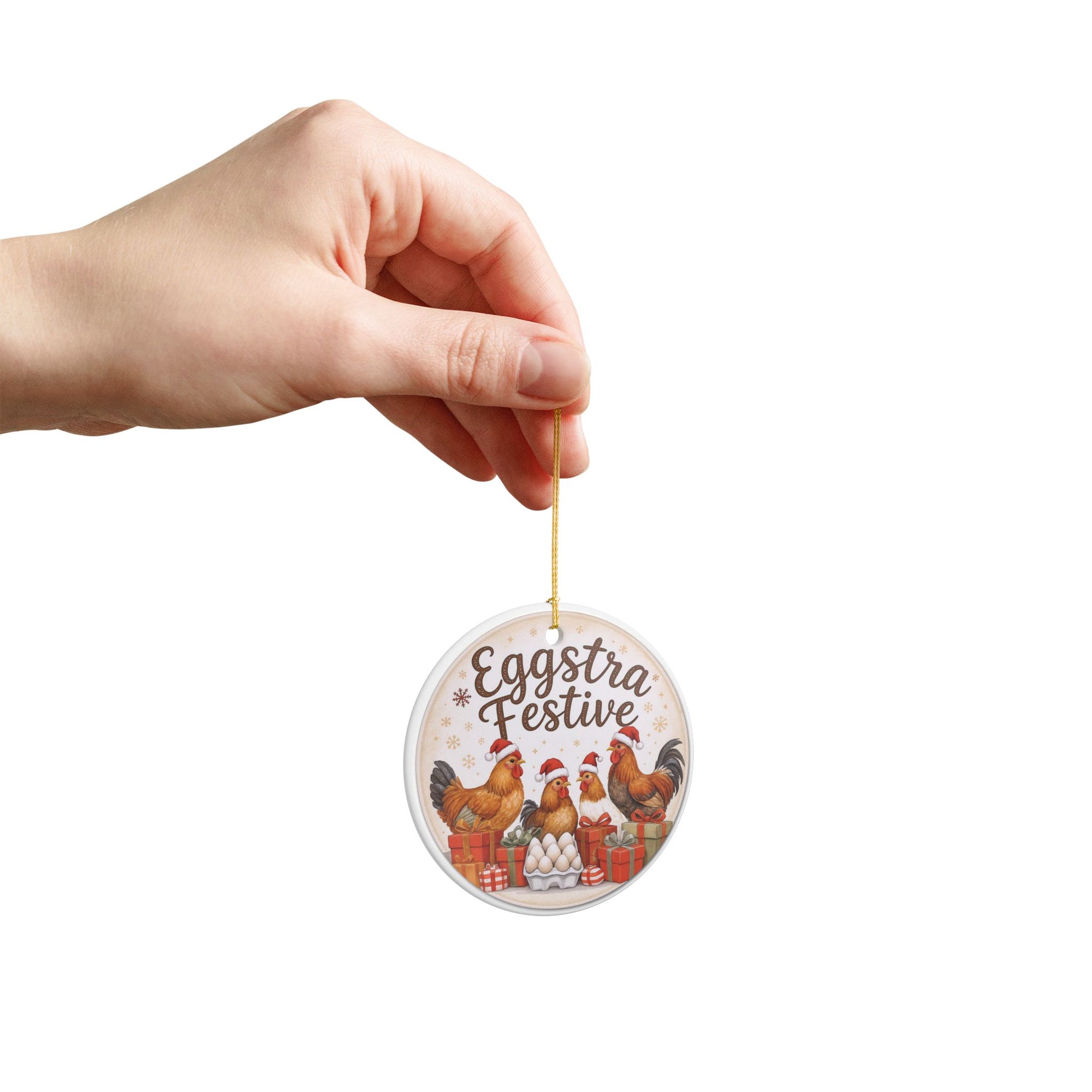 Eggstra Festive Ceramic Ornament - Eggstra Festive Chickens Decoration, Holiday Decor, Christmas Ornament, Farmhouse Decor, Gift Idea