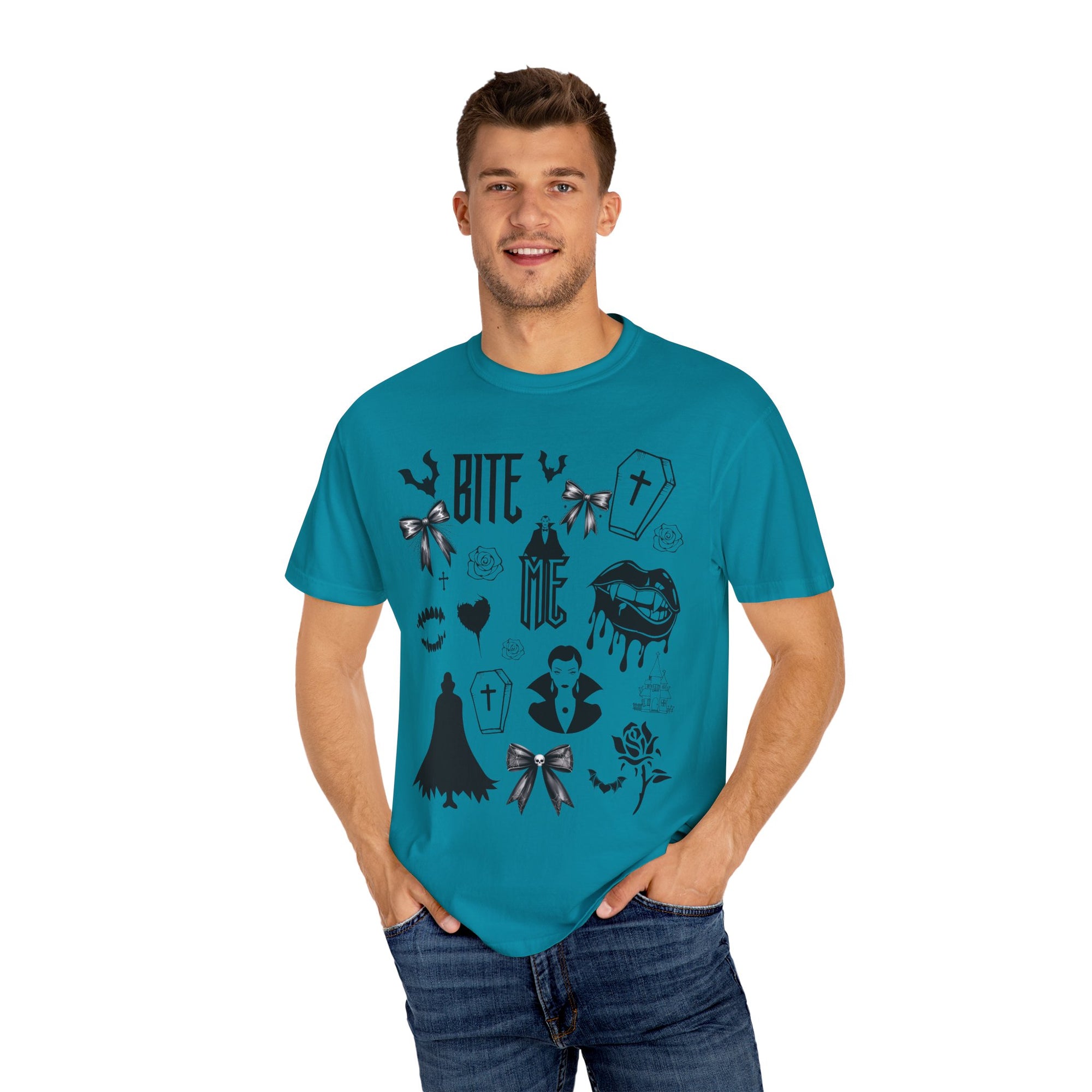 Sink your teeth into spooky season with this bold Bite Me vampire-inspired graphic tee! 🧛‍♂️🦇