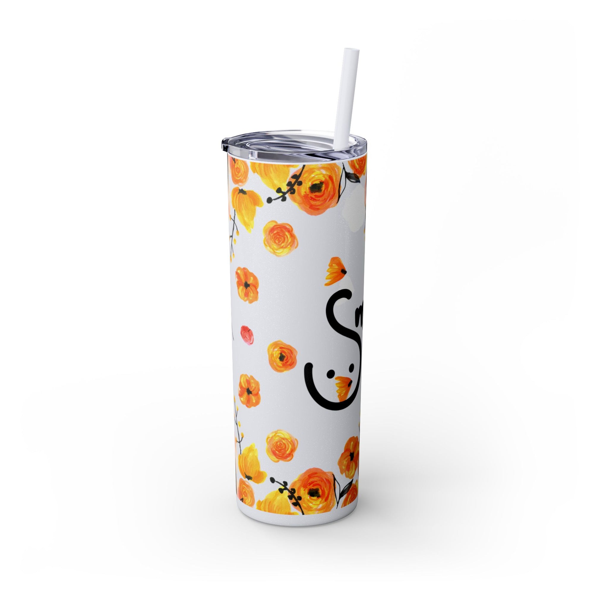 Smile Floral 20oz Skinny Tumbler – Watercolor Flower Stainless Steel Tumbler with Straw, Insulated Travel Cup, Cute Positive Gift