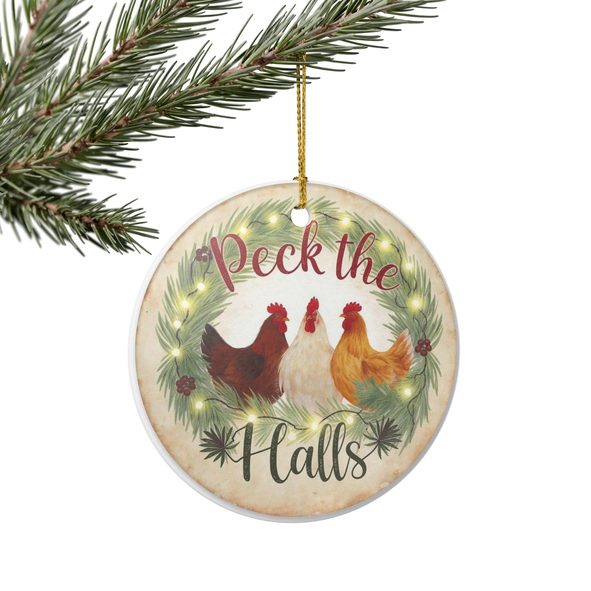 Chicken Wreath Peck The Halls Farmhouse Chickens Holiday Ornament, Vintage Style Xmas Decoration, Festive Home Décor, Unique Gift for Chicken Lovers