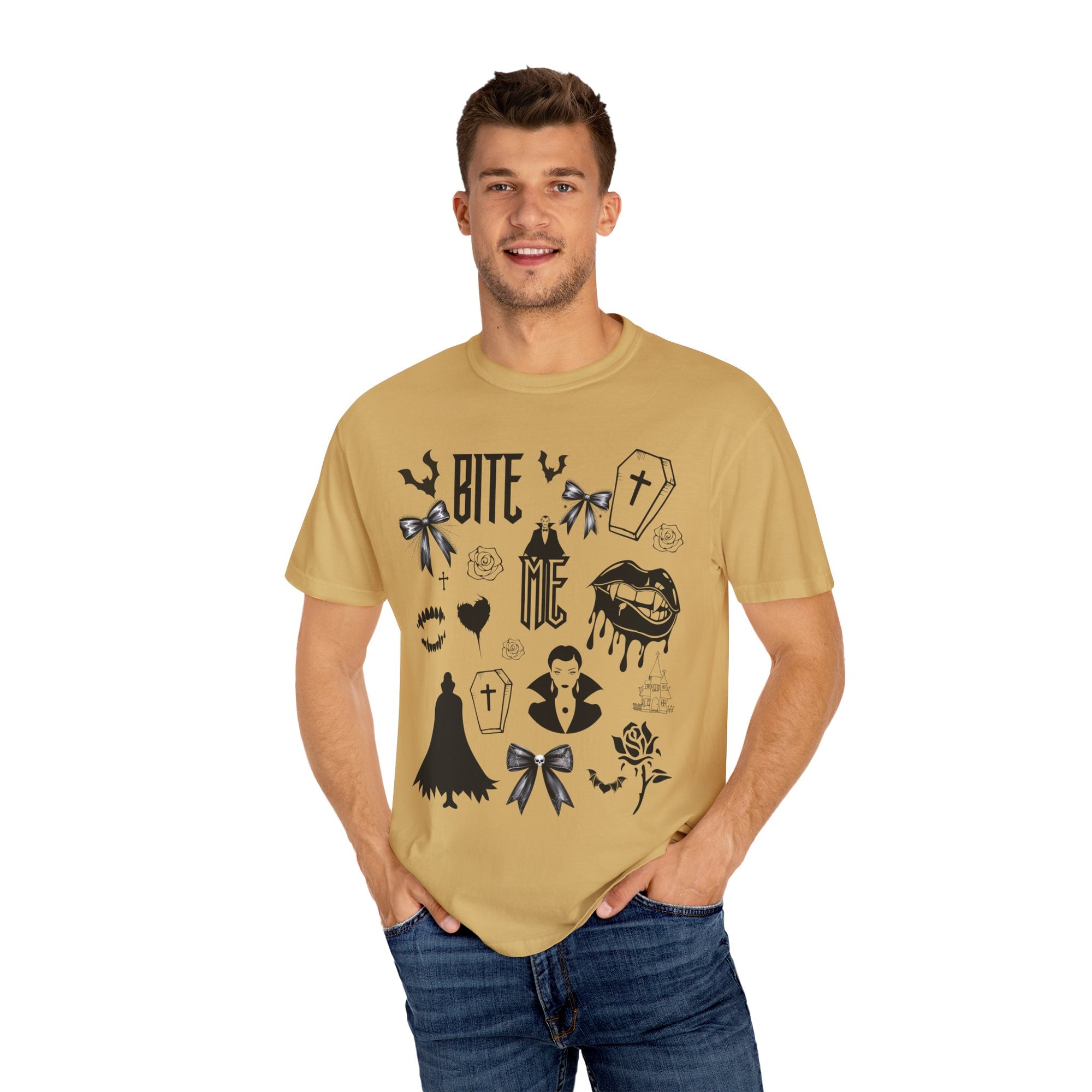 Sink your teeth into spooky season with this bold Bite Me vampire-inspired graphic tee! 🧛‍♂️🦇
