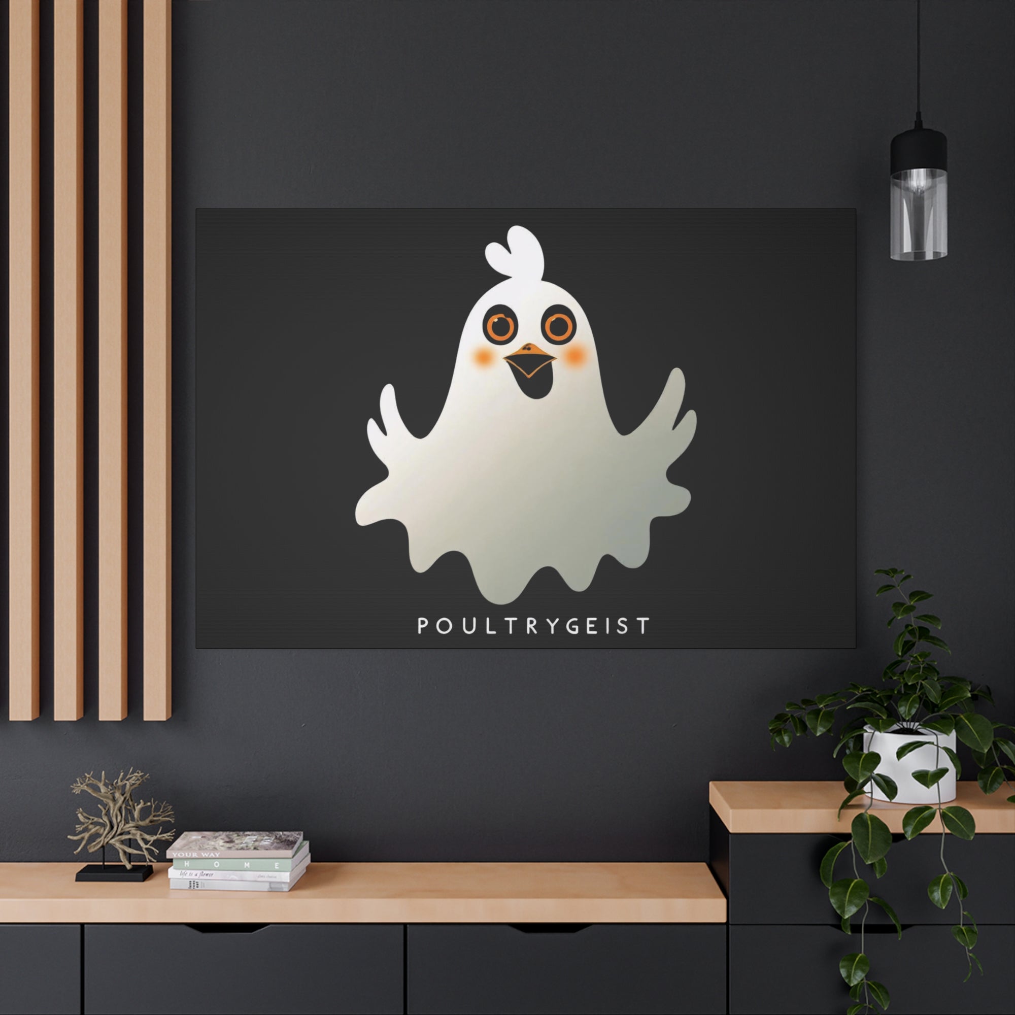 Poultrygeist Chicken Halloween Wall Art – Funny Farmhouse Spooky Decor – Gift for Chicken Lovers Whimsical Canvas Wall Art, Poultrygeist Decor, Cute Ghost Art, Halloween Home Decor, Fun Wall Hanging