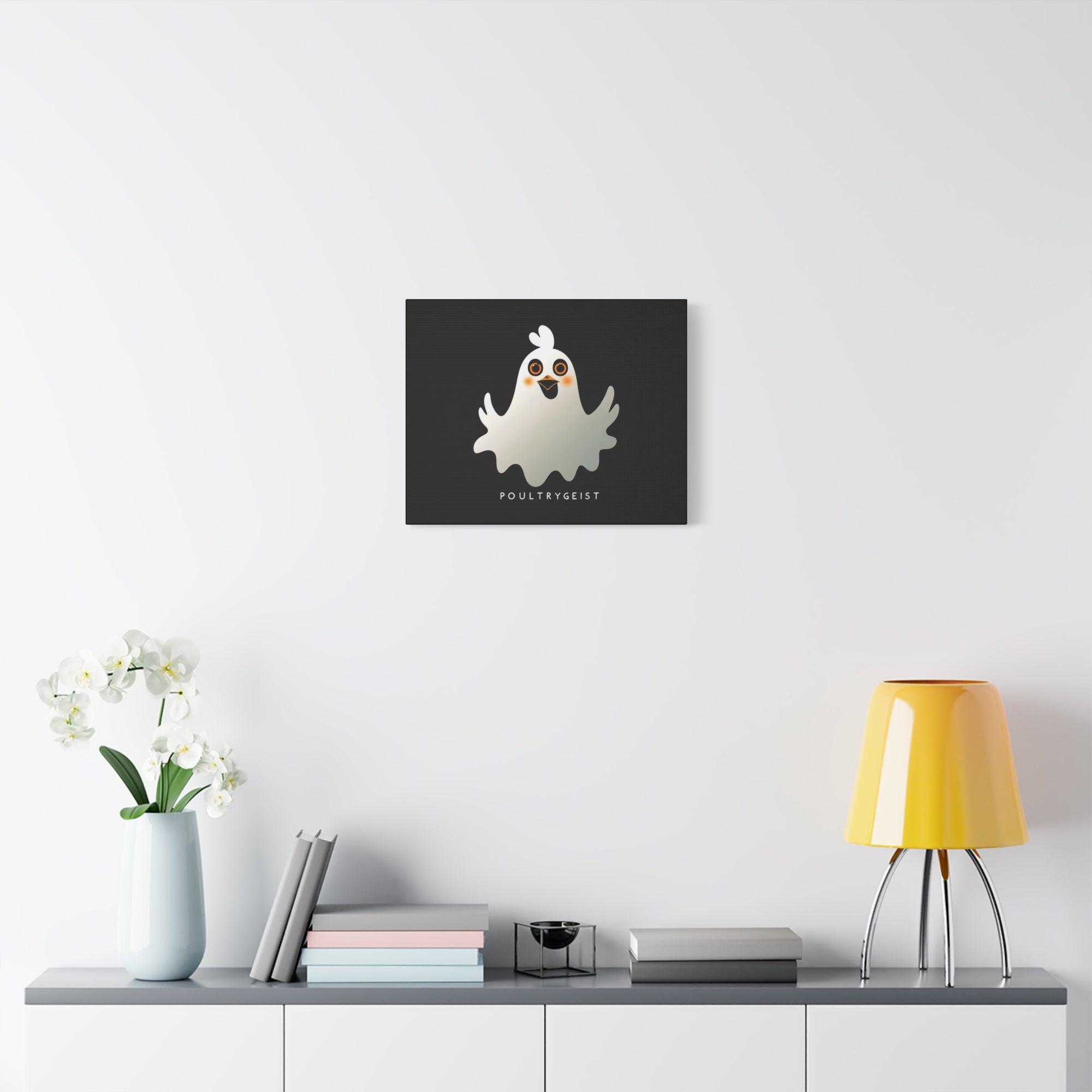 Poultrygeist Chicken Halloween Wall Art – Funny Farmhouse Spooky Decor – Gift for Chicken Lovers Whimsical Canvas Wall Art, Poultrygeist Decor, Cute Ghost Art, Halloween Home Decor, Fun Wall Hanging