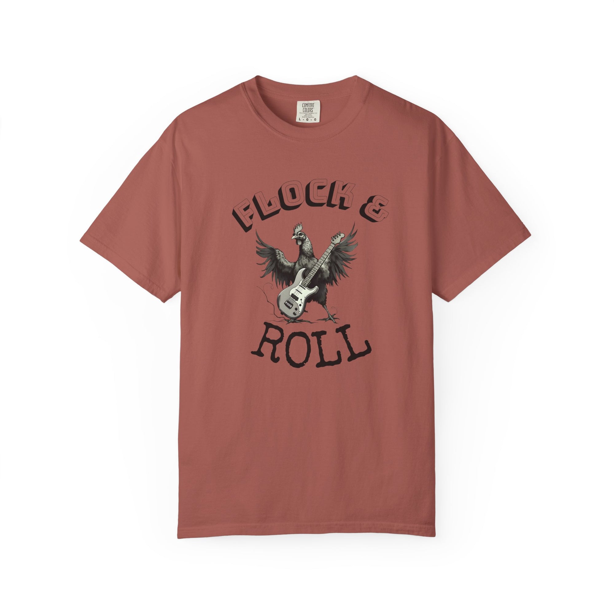 Flock & Roll Chicken T-Shirt – Funny Rock and Roll Graphic Tee – Chicken Lover Shirt – Farmhouse Country Gift – Backyard Poultry Humor