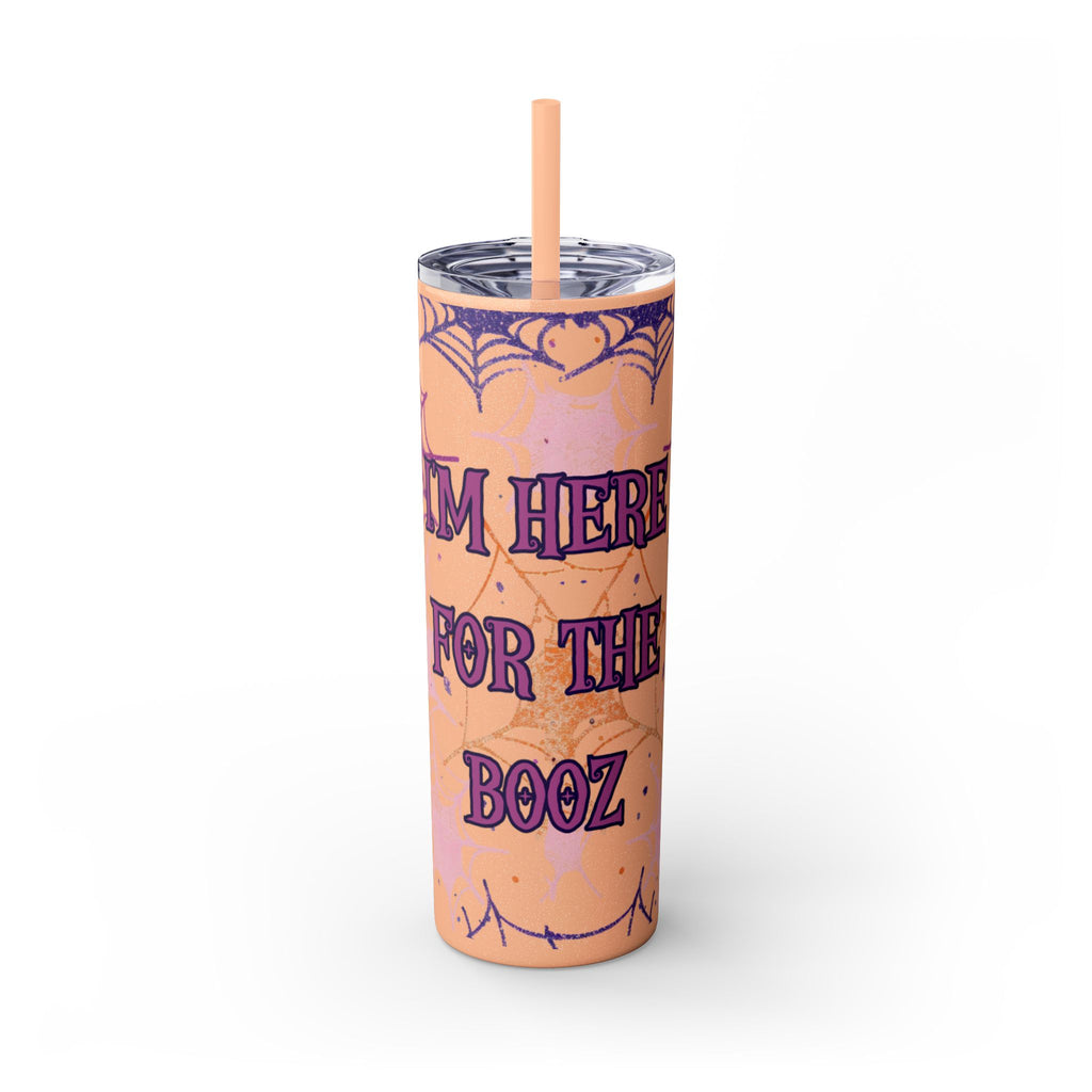 Halloween-Themed Skinny Tumbler, 20oz, I'm Here for the Booze, Travel Mug, Spider Web Design, Party Accessory, Fun Gift Idea