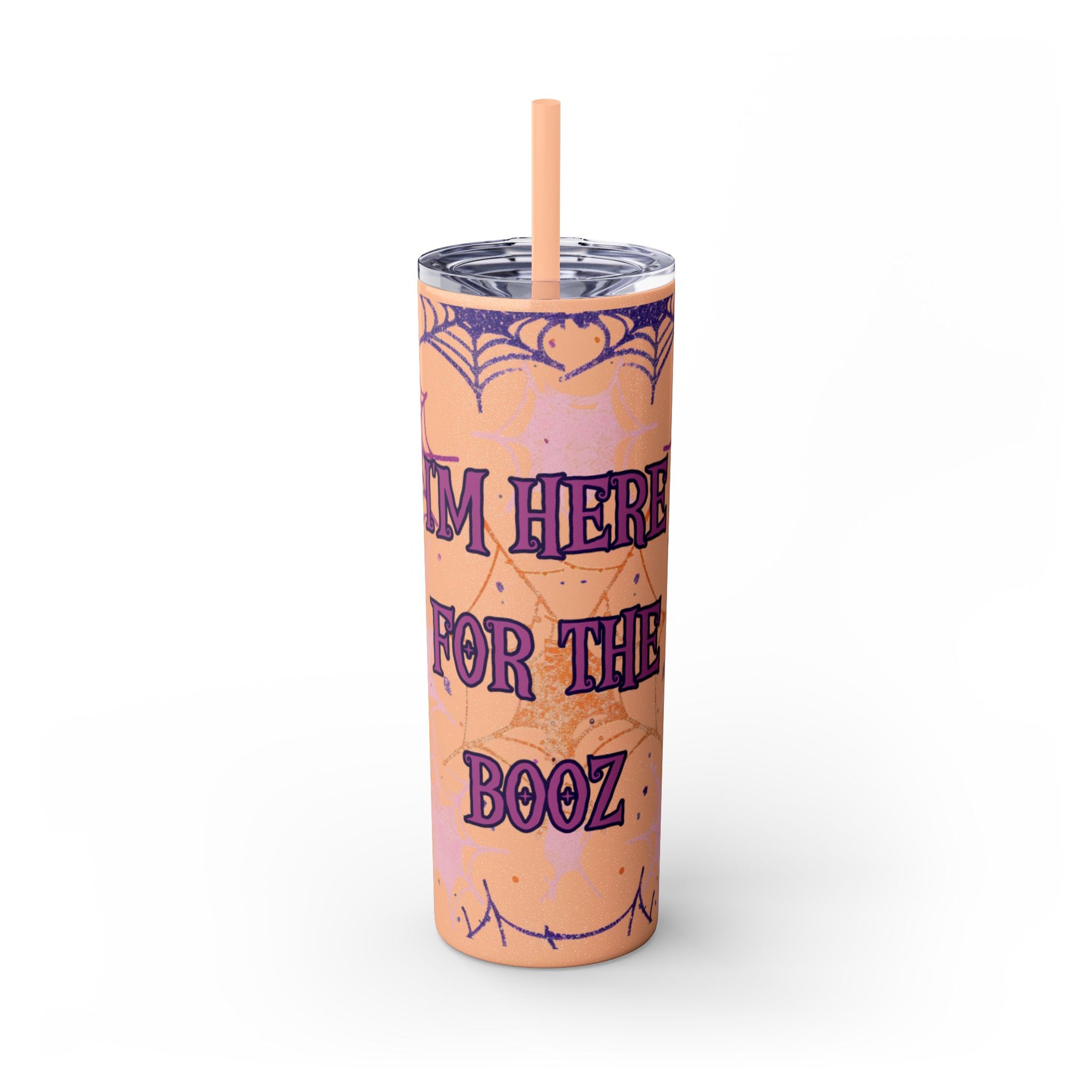 Halloween-Themed Skinny Tumbler, 20oz, I'm Here for the Booze, Travel Mug, Spider Web Design, Party Accessory, Fun Gift Idea