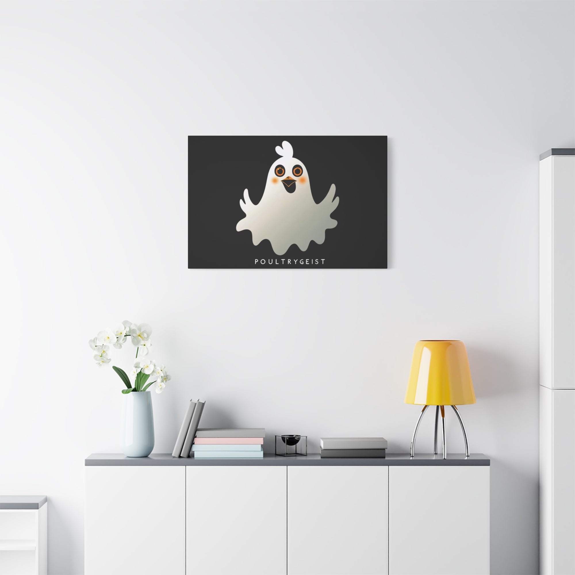 Poultrygeist Chicken Halloween Wall Art – Funny Farmhouse Spooky Decor – Gift for Chicken Lovers Whimsical Canvas Wall Art, Poultrygeist Decor, Cute Ghost Art, Halloween Home Decor, Fun Wall Hanging
