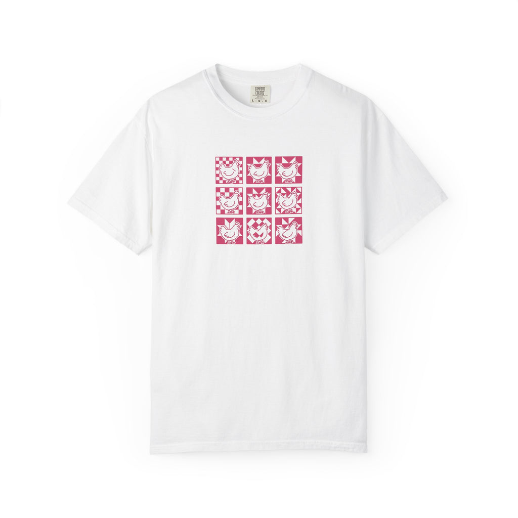 Pink Chicken Quilt Block Graphic T-Shirt