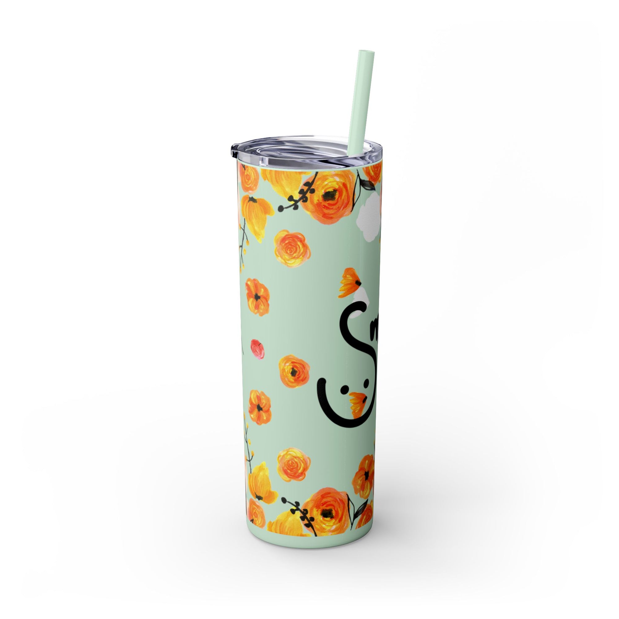 Smile Floral 20oz Skinny Tumbler – Watercolor Flower Stainless Steel Tumbler with Straw, Insulated Travel Cup, Cute Positive Gift