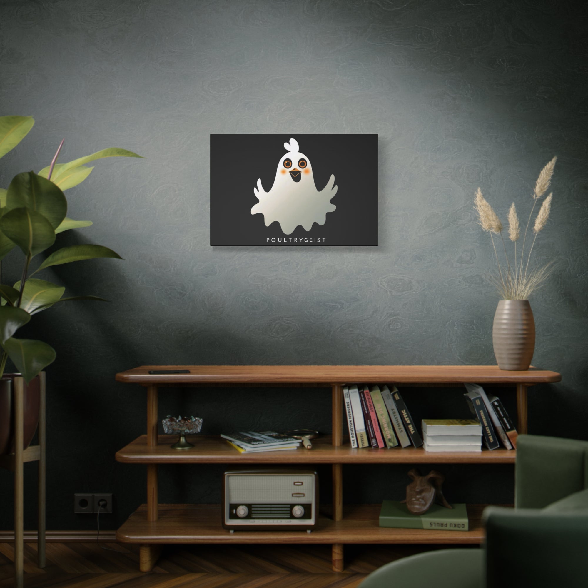 Poultrygeist Chicken Halloween Wall Art – Funny Farmhouse Spooky Decor – Gift for Chicken Lovers Whimsical Canvas Wall Art, Poultrygeist Decor, Cute Ghost Art, Halloween Home Decor, Fun Wall Hanging