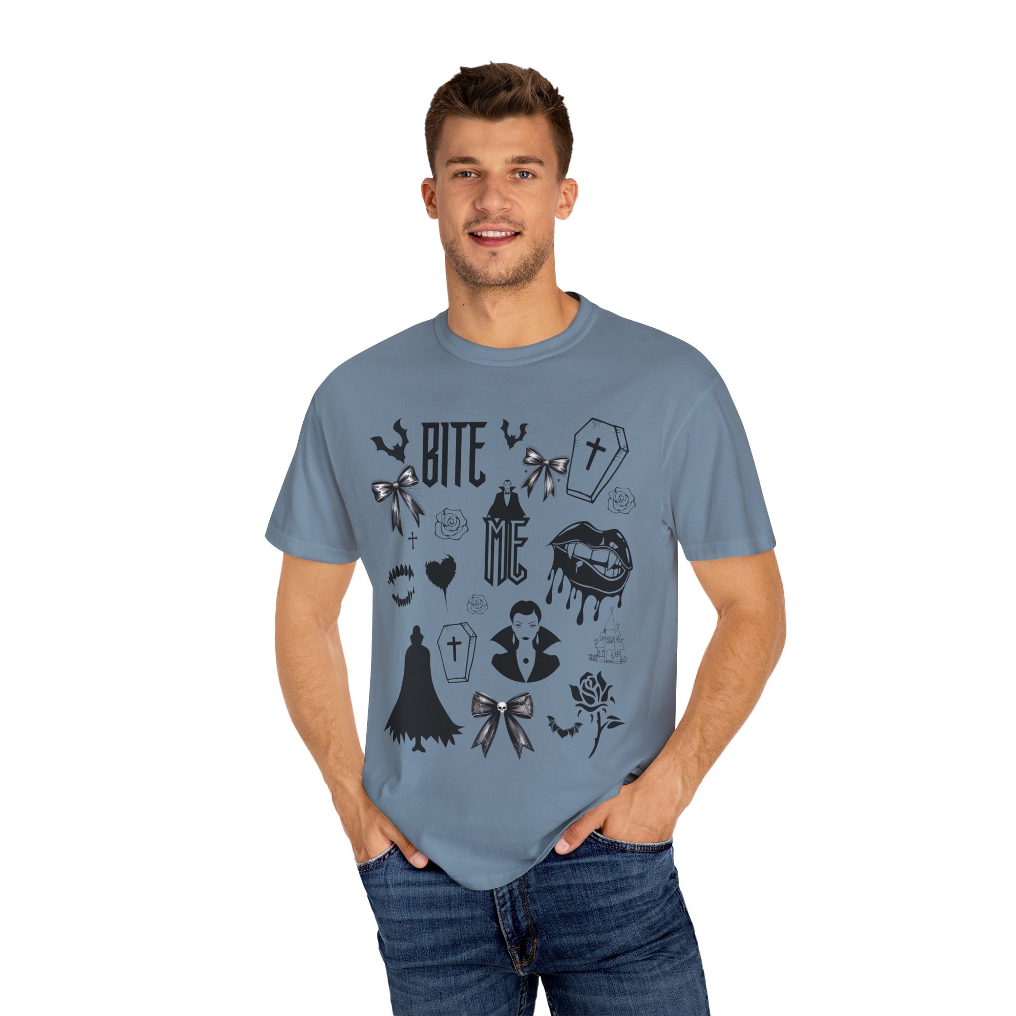 Sink your teeth into spooky season with this bold Bite Me vampire-inspired graphic tee! 🧛‍♂️🦇