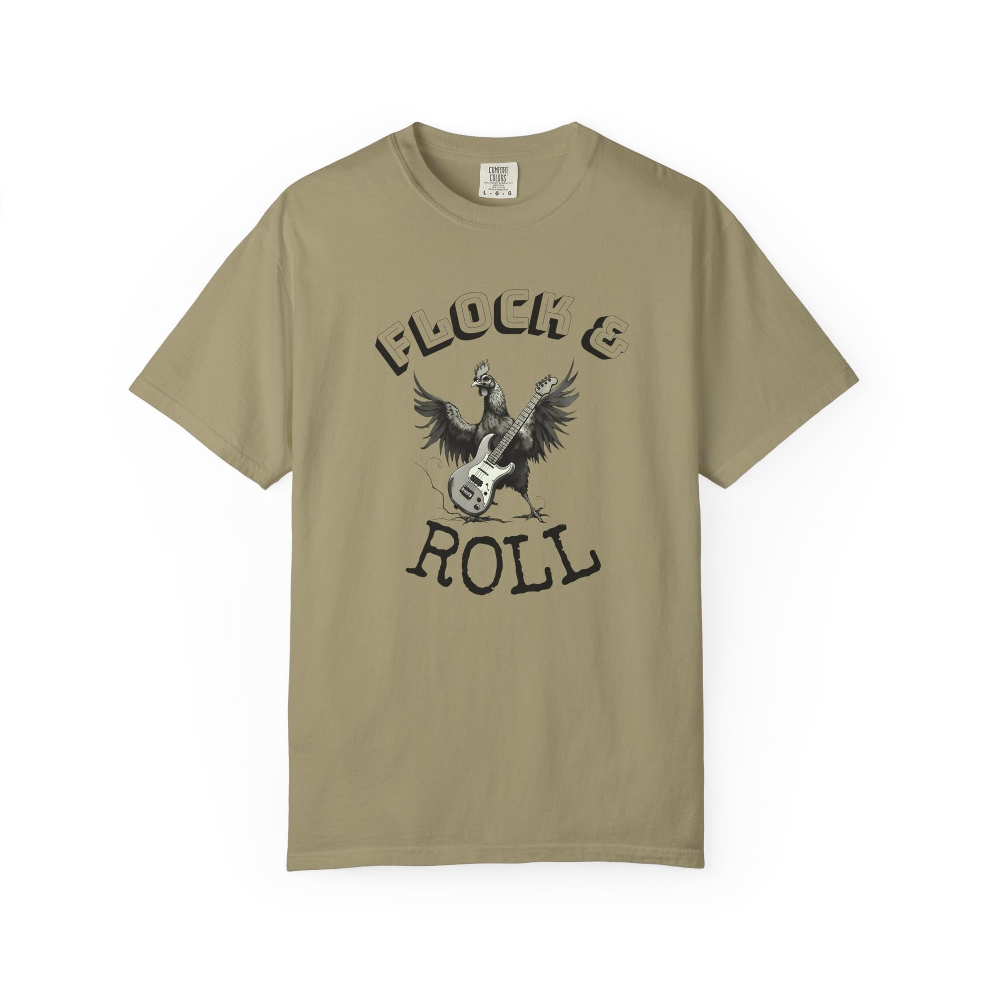 Flock & Roll Chicken T-Shirt – Funny Rock and Roll Graphic Tee – Chicken Lover Shirt – Farmhouse Country Gift – Backyard Poultry Humor