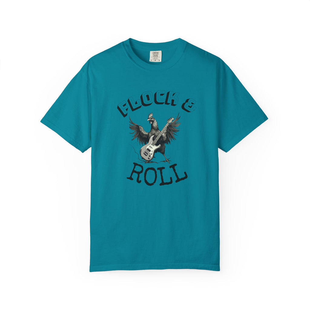 Flock & Roll Chicken T-Shirt – Funny Rock and Roll Graphic Tee – Chicken Lover Shirt – Farmhouse Country Gift – Backyard Poultry Humor