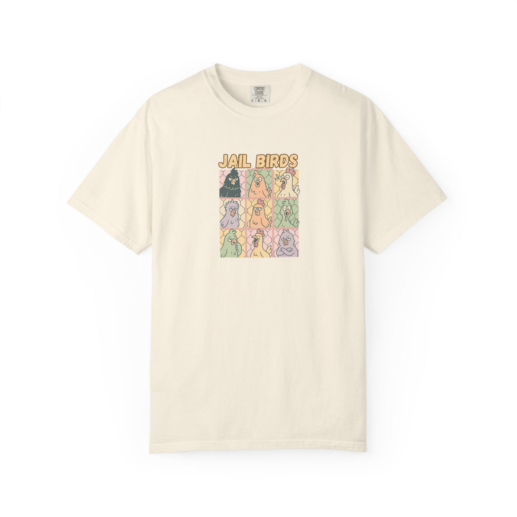 Funny Jailbird Chickens Garment-Dyed Unisex T-Shirt - Vibrant Art Print, Comfortable Everyday Wear, Gift for Friends, Eco-Friendly Fashion, Casual Style