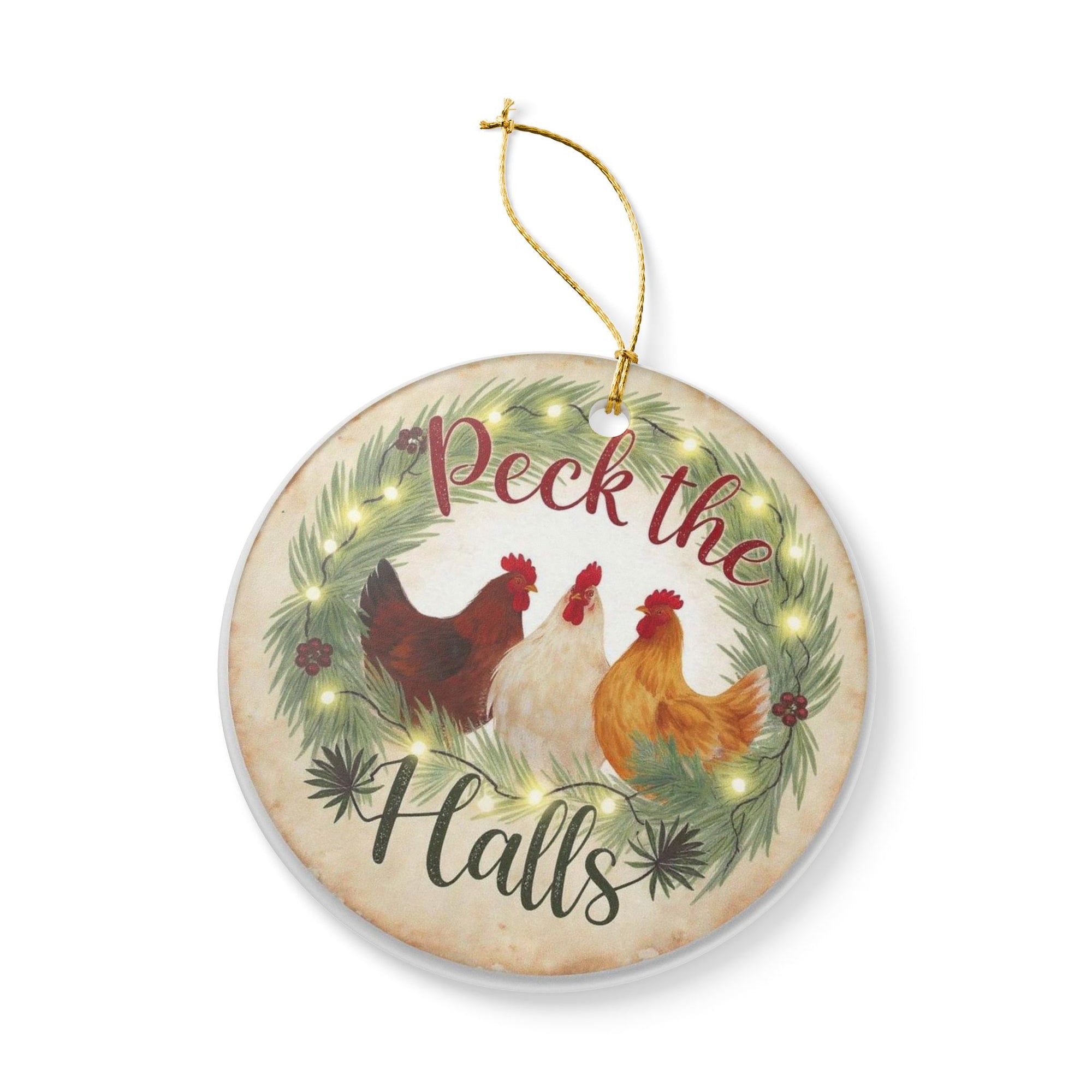 Chicken Wreath Peck The Halls Farmhouse Chickens Holiday Ornament, Vintage Style Xmas Decoration, Festive Home Décor, Unique Gift for Chicken Lovers