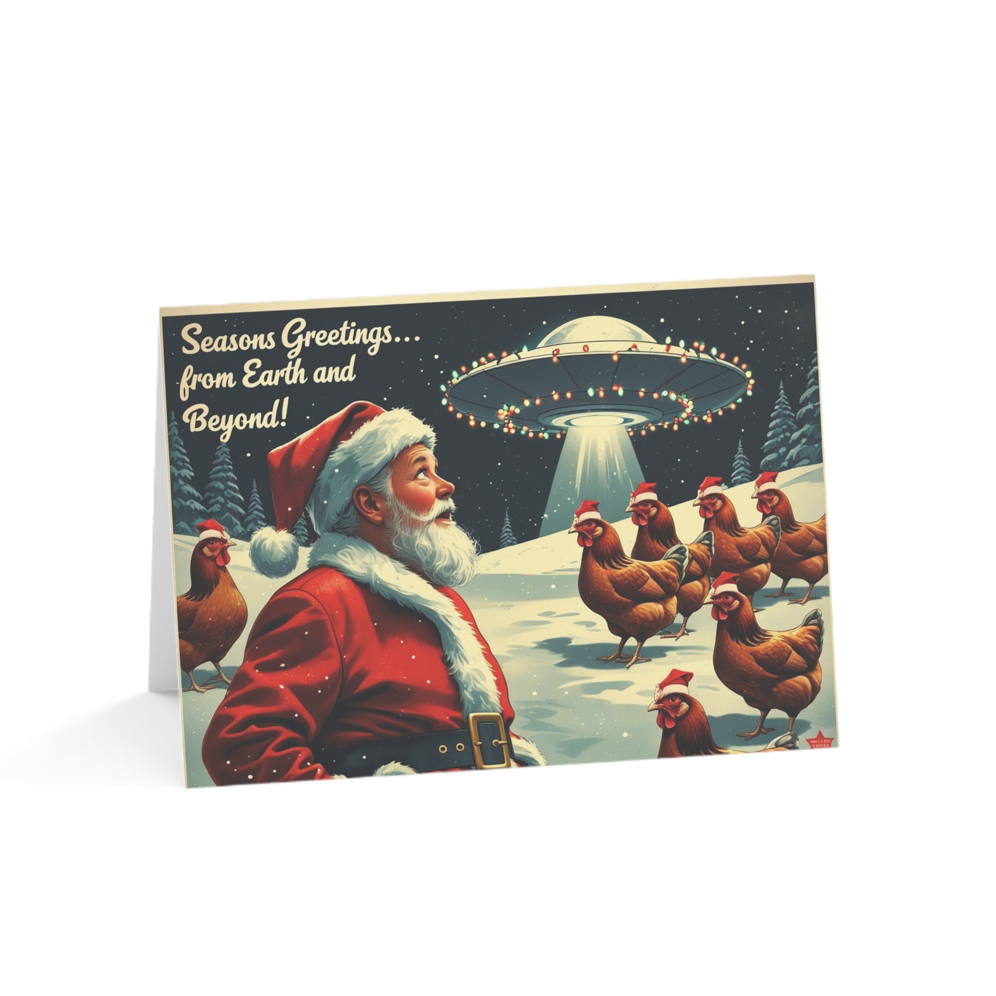 Funny Chicken Christmas Card  Retro Santa UFO Holiday Greeting  Vintage Farmhouse Humor