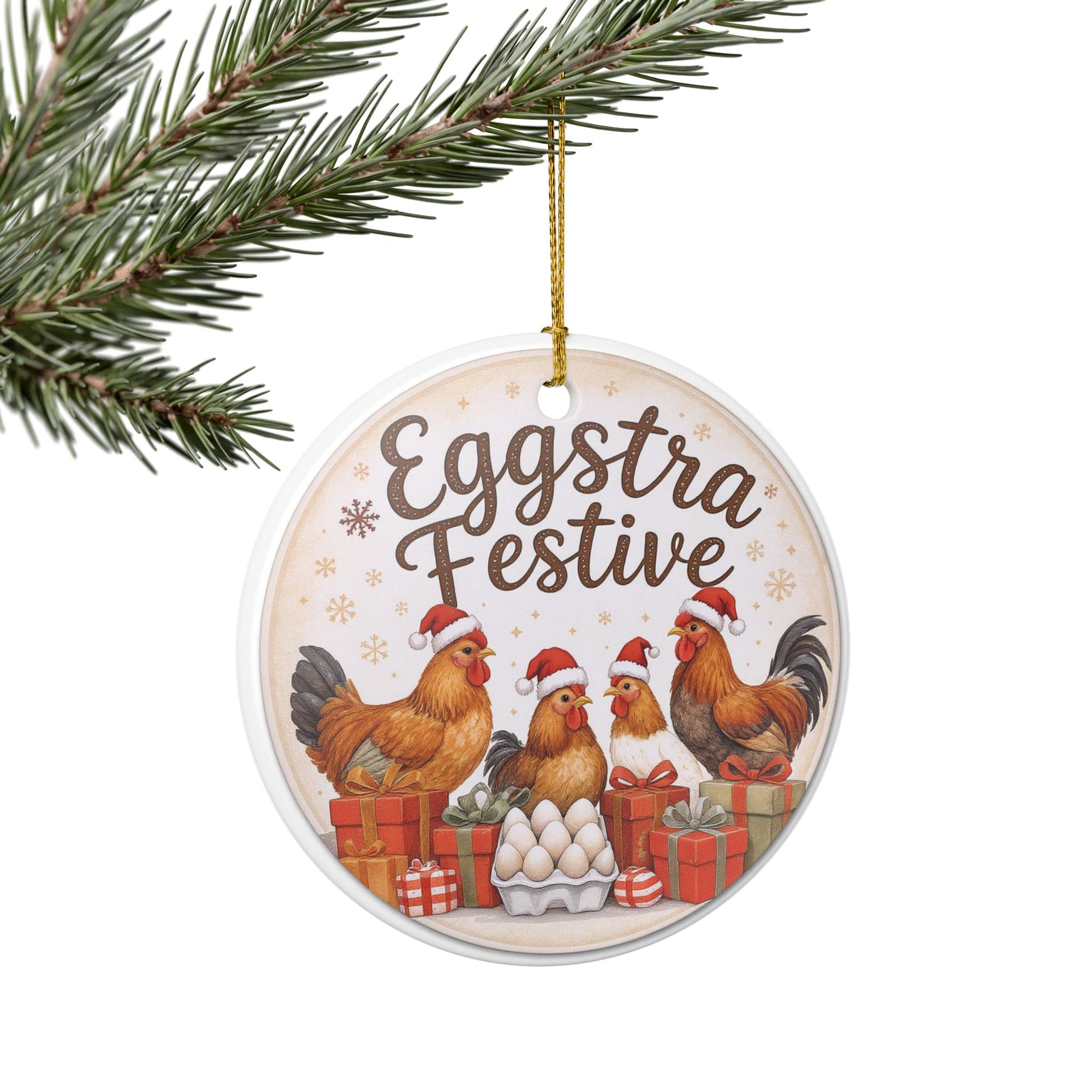 Eggstra Festive Ceramic Ornament - Eggstra Festive Chickens Decoration, Holiday Decor, Christmas Ornament, Farmhouse Decor, Gift Idea
