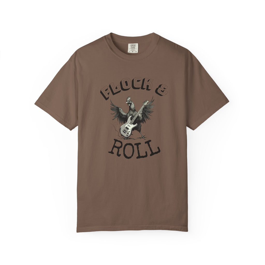 Flock & Roll Chicken T-Shirt – Funny Rock and Roll Graphic Tee – Chicken Lover Shirt – Farmhouse Country Gift – Backyard Poultry Humor