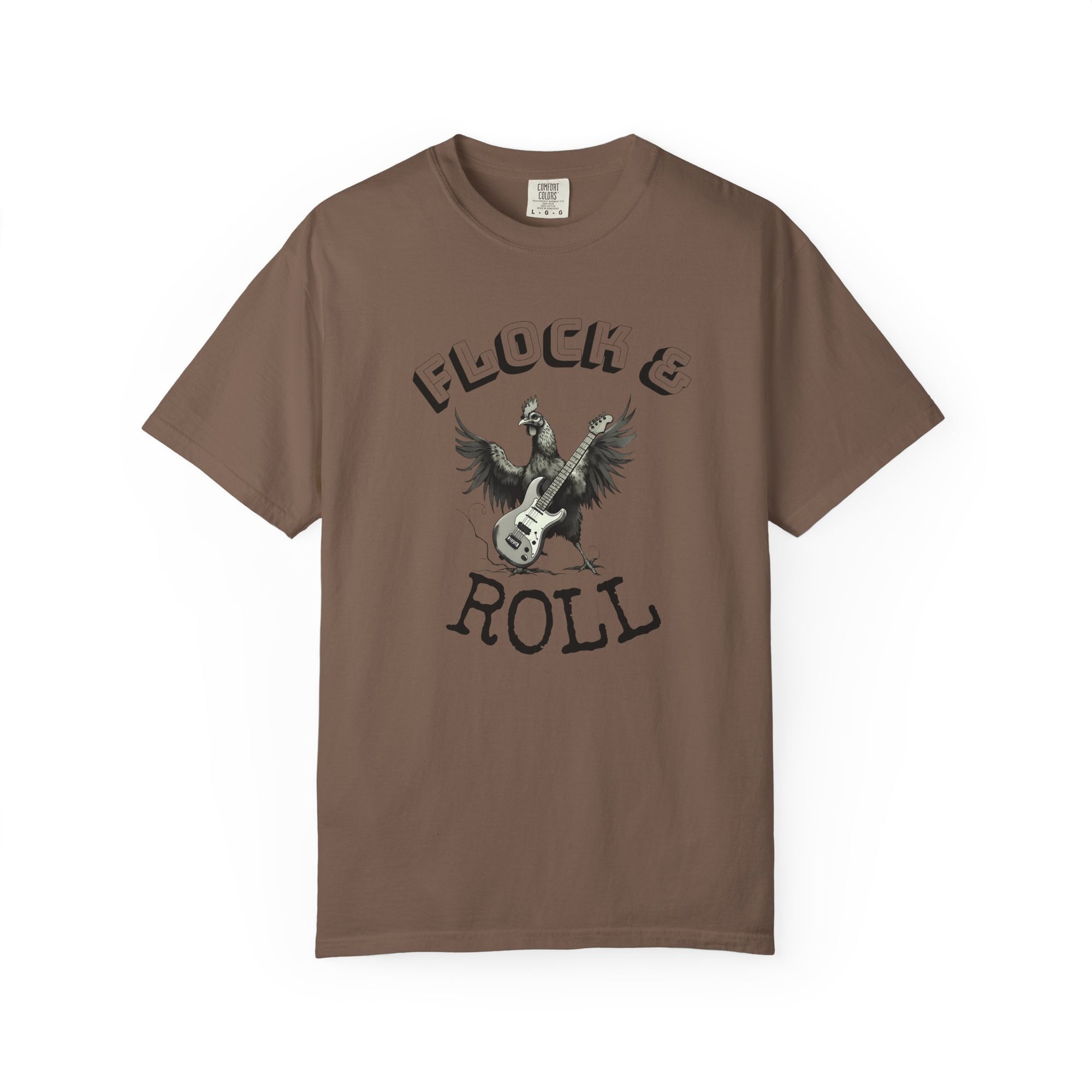 Flock & Roll Chicken T-Shirt – Funny Rock and Roll Graphic Tee – Chicken Lover Shirt – Farmhouse Country Gift – Backyard Poultry Humor
