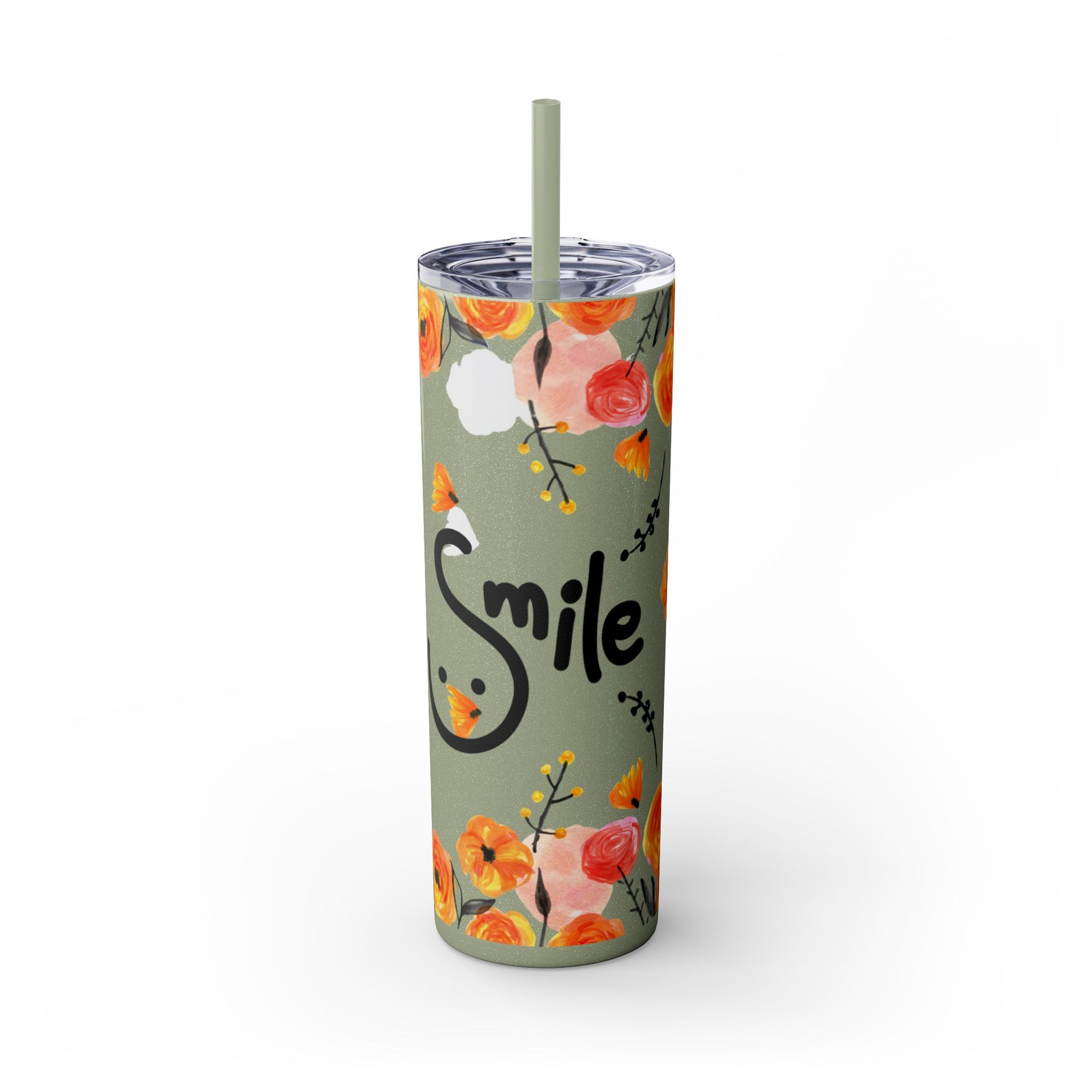 Smile Floral 20oz Skinny Tumbler – Watercolor Flower Stainless Steel Tumbler with Straw, Insulated Travel Cup, Cute Positive Gift