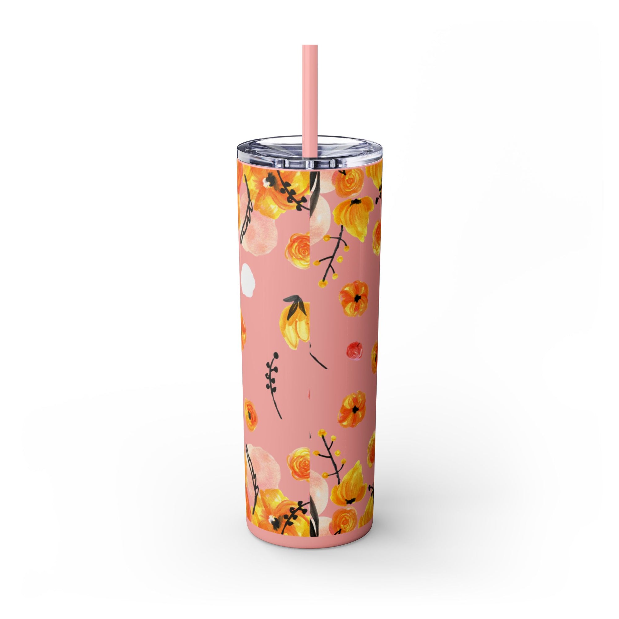 Smile Floral 20oz Skinny Tumbler – Watercolor Flower Stainless Steel Tumbler with Straw, Insulated Travel Cup, Cute Positive Gift