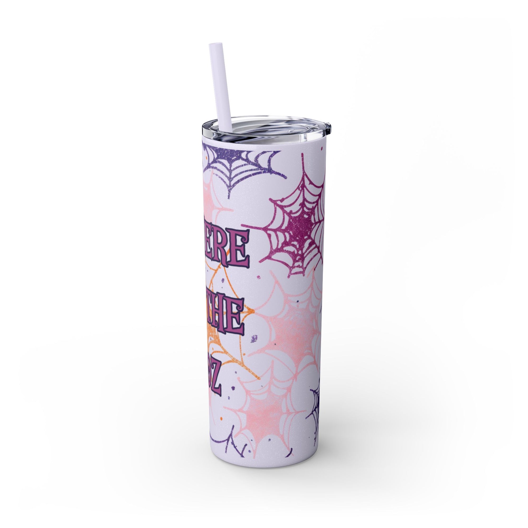 Halloween-Themed Skinny Tumbler, 20oz, I'm Here for the Booze, Travel Mug, Spider Web Design, Party Accessory, Fun Gift Idea