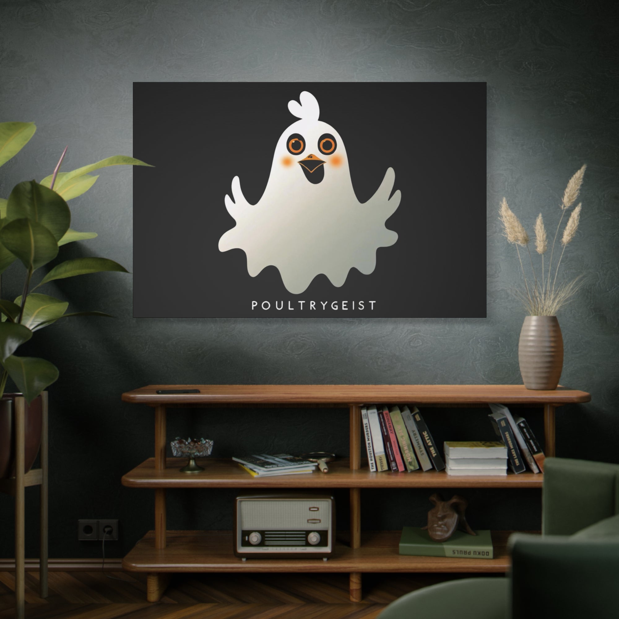 Poultrygeist Chicken Halloween Wall Art – Funny Farmhouse Spooky Decor – Gift for Chicken Lovers Whimsical Canvas Wall Art, Poultrygeist Decor, Cute Ghost Art, Halloween Home Decor, Fun Wall Hanging