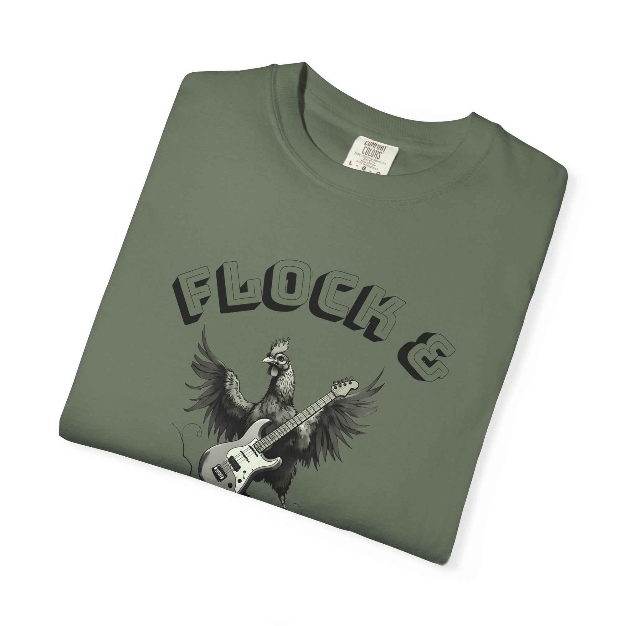 Flock & Roll Chicken T-Shirt – Funny Rock and Roll Graphic Tee – Chicken Lover Shirt – Farmhouse Country Gift – Backyard Poultry Humor