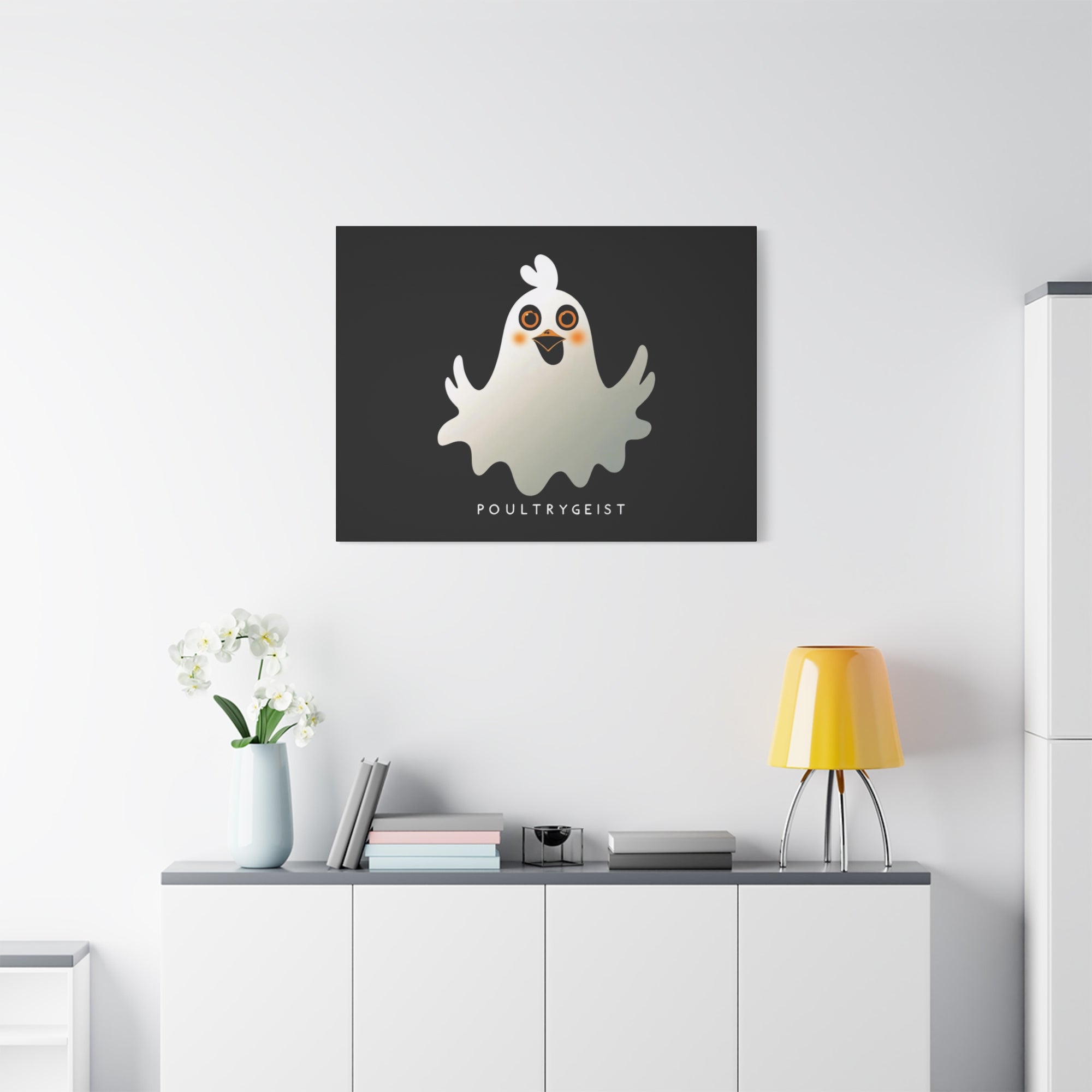 Poultrygeist Chicken Halloween Wall Art – Funny Farmhouse Spooky Decor – Gift for Chicken Lovers Whimsical Canvas Wall Art, Poultrygeist Decor, Cute Ghost Art, Halloween Home Decor, Fun Wall Hanging
