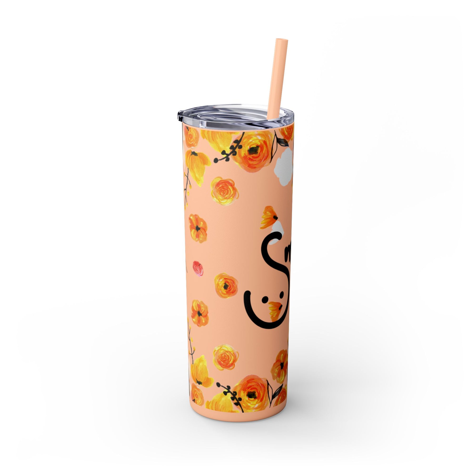 Smile Floral 20oz Skinny Tumbler – Watercolor Flower Stainless Steel Tumbler with Straw, Insulated Travel Cup, Cute Positive Gift