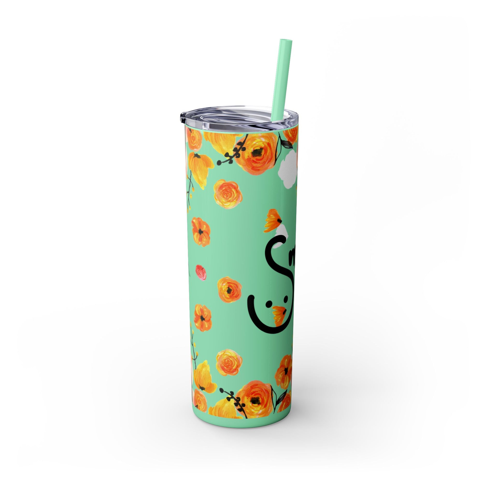 Smile Floral 20oz Skinny Tumbler – Watercolor Flower Stainless Steel Tumbler with Straw, Insulated Travel Cup, Cute Positive Gift
