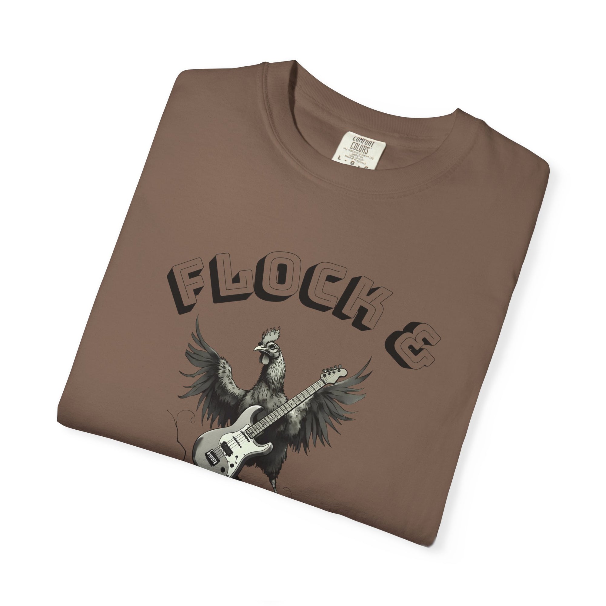 Flock & Roll Chicken T-Shirt – Funny Rock and Roll Graphic Tee – Chicken Lover Shirt – Farmhouse Country Gift – Backyard Poultry Humor