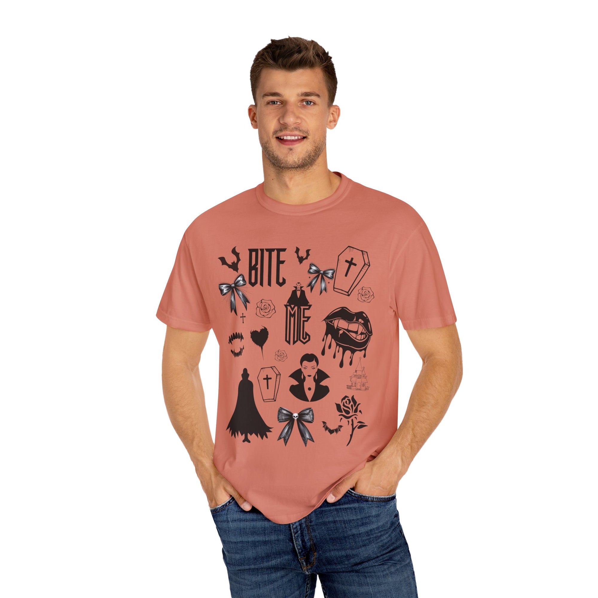 Sink your teeth into spooky season with this bold Bite Me vampire-inspired graphic tee! 🧛‍♂️🦇