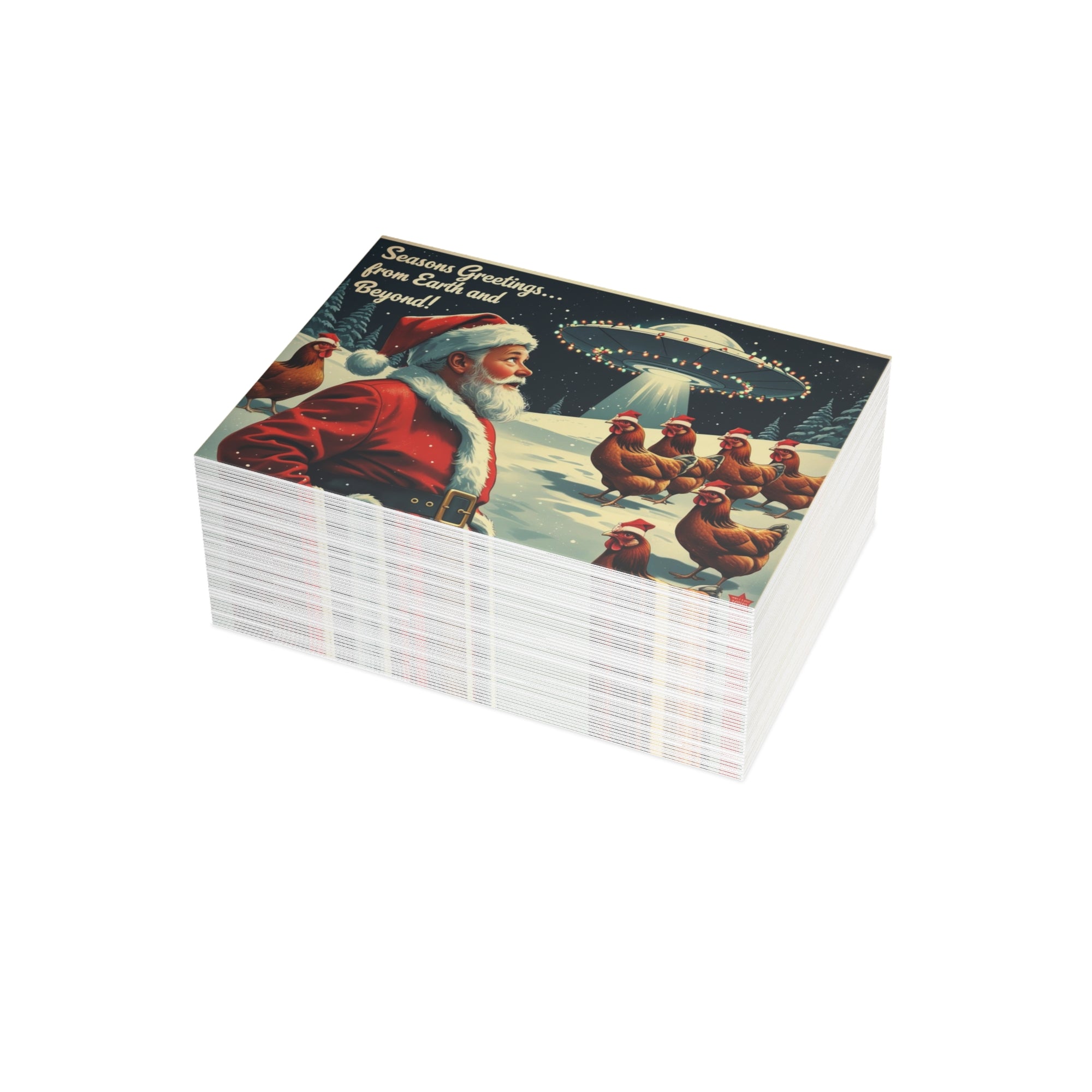Funny Chicken Christmas Card  Retro Santa UFO Holiday Greeting  Vintage Farmhouse Humor