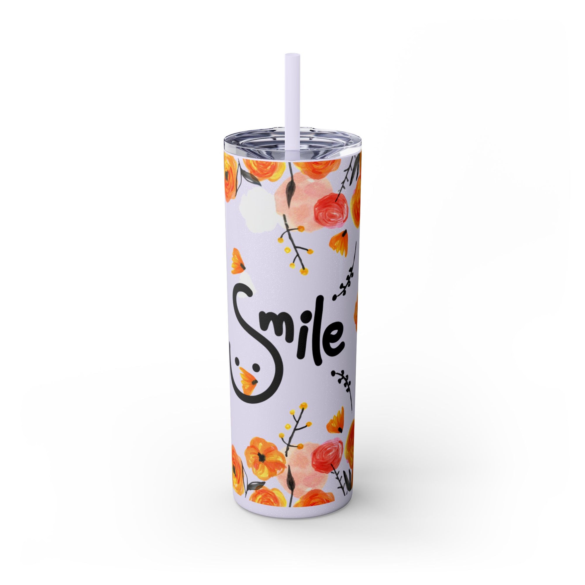 Smile Floral 20oz Skinny Tumbler – Watercolor Flower Stainless Steel Tumbler with Straw, Insulated Travel Cup, Cute Positive Gift