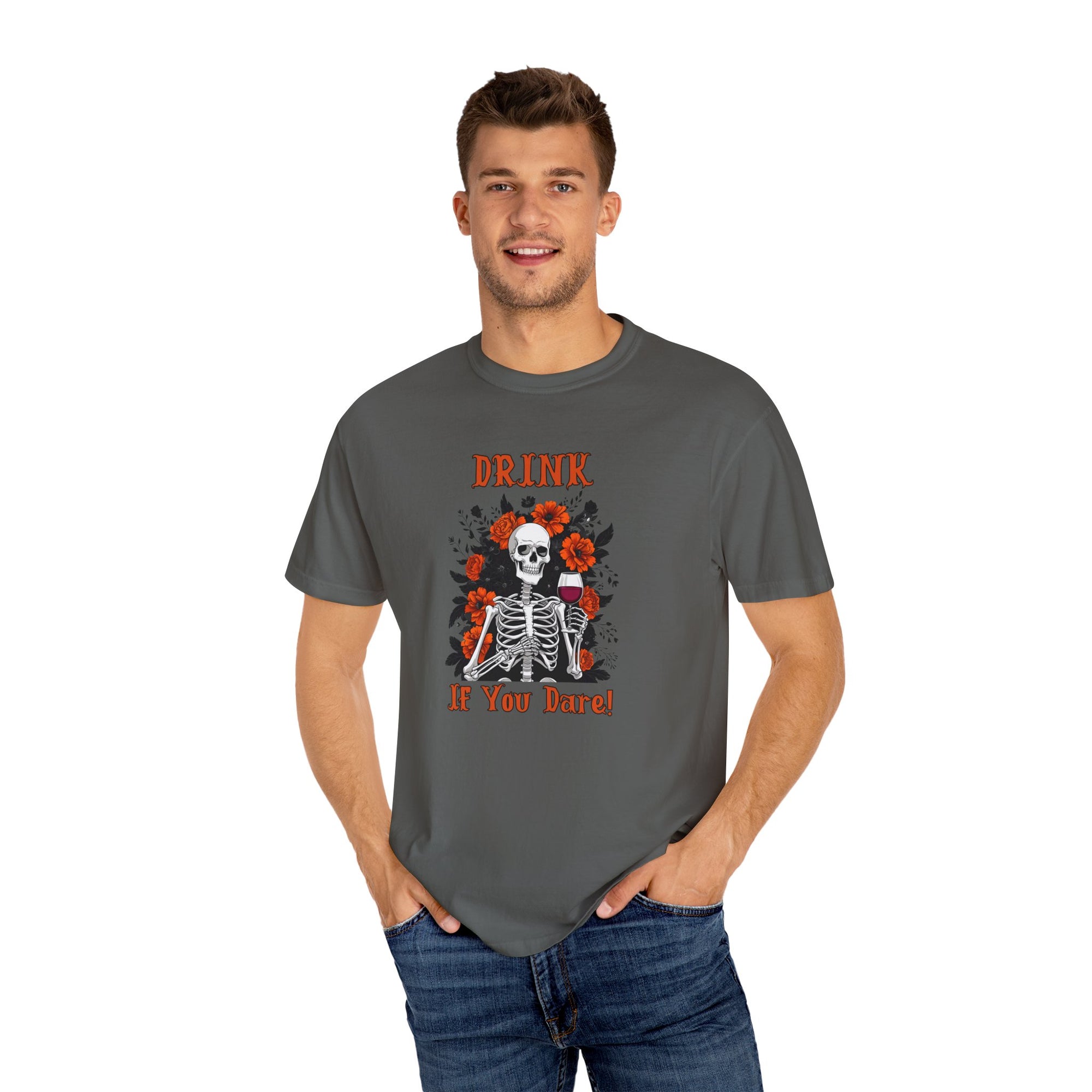 Drink If You Dare Shirt – Skeleton Wine Halloween T-Shirt, Funny Spooky Season Drinking Tee, Gothic Floral Skeleton Graphic Shirt